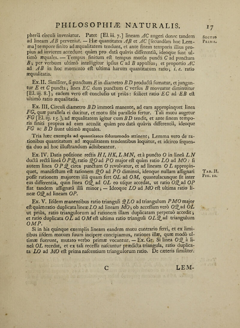 *7 pheria circuli inveniatur. Patet [El.iii. 7.] lineam AC augeri donec tandem ad lineam AB perveniat. — Has quantitates AB et AC [fecundum hoc Lem¬ ma] tempore finito ad squalitatem tendunt, et ante finem temporis illius pro¬ pius ad invicem accedunt quam pro data quavis differentia, ideoque funt ul¬ timo squales. — Tempus finitum eft tempus motus pundli C ad pun&um B\ per verbum ultimo intelligitur ipfius C ad B appulfus; et proportio AC ad AB in hoc momento efi: ultima harum quantitatum ratio j i. e. ratio squalitatis. Ex. II. Similiter, fi punftum E in diametro BD produdla fumatur, et jungan¬ tur £ et C pundta; linea EC dum pundlum C verfus B moveatur diminuitur [EI. iij, 8.]; eadem vero efi conclufio ut prius: fcilicet ratio EC ad EB efi ultimo ratio squalitatis. Ex. III. Circuli diametro BD immota manente, ad eam appropinquet linea FG, qus parallela ei ducitur, et motu fibi parallelo fertur. Tali motu augetur FG [EI. iij. 15.]; ad squalitatem igitur cumfiD tendit, et ante finem tempo¬ ris finiti propius ad eam accedit quam pro data quavis differentia, ideoque FG ac 5 fi fiunt ultimo aequales. Tria hsc exempla ad quantitates folummodo attinent*. Lemma vero de ra¬ tionibus quantitatum ad squalitatem tendentibus loquitur, et idcirco fequen- tia duo ad hoc illuftrandum adhibeantur. Ex. IV. Datis pofitione redis H /, FIK, L MN, et a pundo O in linea LN ducla reda linea O Pratio ^0 ad PO major efi quam ratio LO ad MO : fi autem linea O P circa pundum O revolvatur, et ad lineam O L appropin¬ quet, manifeftum efi rationem QO ad PO diminui, ideoque nullam affignari pofie rationem majorem illa quam fert OL ad OM, quantulacunque fit inter eas differentia, quin linea 0^ ad OL eo ufque accedat, ut ratio O^ad OP fiat tandem affignata illa minor •, — Ideoque LO ad MO efi ultima ratio li¬ nes O^ad lineam OP. Ex. V. lifdem manentibus ratio trianguli QLO ad triangulum PMO major efi quam ratio duplicata lines LO ad lineam M0\ ob acceffum vero O^ad OL ut prius, ratio triangulorum ad rationem illam duplicatam perpetuo accedit j et ratio duplicata OL ad OMeft ultima ratio trianguli OLE^ad triangulum OMP. Si in his quinque exemplis lineam eandem motu contrario ferri, et ex limi¬ tibus iifdem motum luum incipere concipiamus, rationes ilis, qus modo ul- tims fuerunt, mutato verbo prims vocantur. — Ex. Gr. Si linea O^a li¬ nea OL recedat, et ex tali receffu nafcantur prsdifia triangula, ratio duplica¬ ta LO ad MO efi prima nafcentium triangulorum ratio. De csteris fimiliter; Sectio Prima.. Tab.II. Fig. io. C LEM-