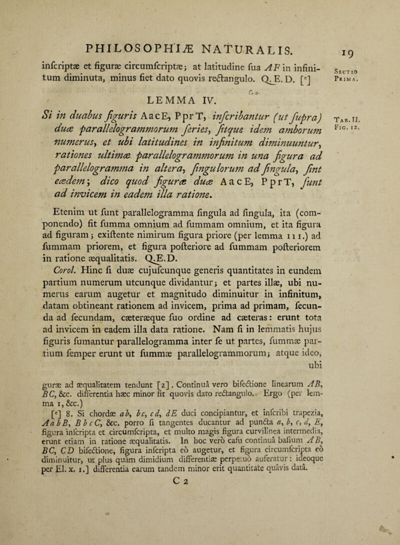 infcriptae et figurae circumfcriptae; at latitudine fua AF in infini¬ tum diminuta, minus fiet dato quovis re&angulo. Q_E. D. [e] LEMMA IV. Si in duabus figuris A a c E, PprT, inferibantur (utfupra) ducz parallelogrammorum feries, fitque idem amborum numerus, et ubi latitudines in infinitum diminuuntur, rationes ultimae parallelogrammorum in una figura ad parallelo gramma in altera, fmgu lorum ad fingula, fmt eaedem; dico quod figurae duae A a c E, PprT, fiunt ad invicem in eadem illa ratione. Etenim ut funt parallelogramma fingula ad fingula, ita (com¬ ponendo) fit fumma omnium ad fummam omnium, et ita figura ad figuram; exiftente nimirum figura priore (per lemma 111.) ad fummam priorem, et figura pofleriore ad fummam pofteriorem in ratione aequalitatis. QJE.D. Corol. Hinc fi duae cujufcunque generis quantitates in eundem partium numerum utcunque dividantur j et partes illae, ubi nu¬ merus earum augetur et magnitudo diminuitur in infinitum, datam obtineant rationem ad invicem, prima ad primam, fecun¬ da ad fecundam, caeteraeque fuo ordine ad caeteras: erunt tota ad invicem in eadem illa data ratione. Nam fi in lemmatis hujus figuris fumantur parallelogramma inter fe ut partes, fummae par¬ tium femper erunt ut fummae parallelogrammorum; atque ideo, ubi gurae ad aequalitatem tendunt [2] . Continua vero bifetftione linearum AB, BC,Szc. differentia haec minor fit quovis dato redangulo. Ergo (per lem¬ ma i, &c.) [e] 8. Si chordae ab, bc, cd, dE duci concipiantur, et inferibi trapezia, AabB, BbcC, &c. porro fi tangentes ducantur ad punda a, b, c, d, E, figura inicripta et circumfcripta, et multo magis figura curvilinea intermedia, erunt etiam in ratione aequalitatis. In hoc vero cafu continua bafium AB, BC, CD biledione, figura inferipta eo augetur, et figura circumfcripta eo diminuitur, ut plus quam dimidium differentiae perpetuo auferatur: ideoque per EI. x. 1,] differentia earum tandem minor erit quantitate quavis data. C 2 *9 Sectio Prima, Tab.II. Fig.12. V1