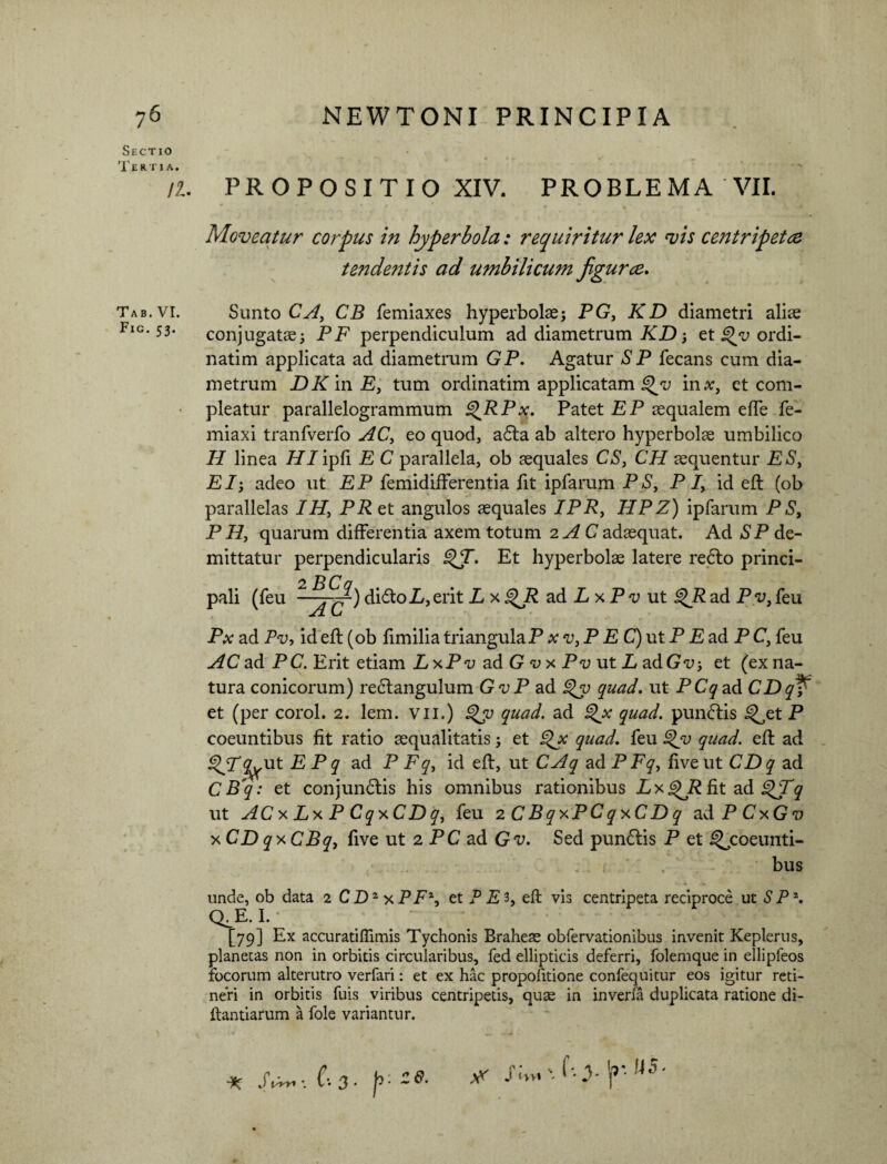 *TJ^ /L PROPOSITIO XIV. PROBLEMA VII. tende?itis ad umbilicum figurae. ab. vr. Sunto CA, CB femiaxes hyperbolae; PG, KD diametri aliae IG’conjugatae; PF perpendiculum ad diametrum KD; et Qy ordi- natim applicata ad diametrum GP. Agatur S P fecans cum dia¬ metrum DKmE, tum ordinatim applicatam %jv in a:, et com¬ pleatur parallelogrammum RPx. Patet EP aequalem efTe fe- miaxi tranfverfo AC, eo quod, a£la ab altero hyperbolae umbilico H linea HI ipfi E C parallela, ob aequales CS, CH sequentur ES, EI; adeo ut EP femidifferentia fit ipfarum PS, PI, id efl (ob parallelas IH\ PR et angulos aequales IPR, HPZ) ipfarum P S, P H, quarum differentia axem totum 2 AC adaequat. Ad SP de¬ mittatur perpendicularis £PT. Et hyperbolae latere redlo princi¬ pali (feu -—rr~) didtol/,erit L x QR adLxP-yut ^R ad Pv,feu A C Px ad Pv, id efl (ob fimilia triangula P x v, P E C) ut P E ad P C, feu AC ad PC. Erit etiam L\Pv ad G v x Pv ut L adG<u; et (ex na¬ tura conicorum) redlangulum GvP ad Qy quad. ut PCq ad CDq et (per corol. 2. lem. vu.) <%y quad. ad Qx quad. pundlis i^et P coeuntibus fit ratio aequalitatis; et Qjc quad. feu £>y quad. efl ad £>JT yvVut E P q ad P F q, id efl, ut CAq ad P Fq, five ut CDq ad C B'q: et conjundlis his omnibus rationibus Px^Pfitad^jT^ ut ACxLxPCqxCDq, feu 2 C BqxPCqxC D q ad PCxGv x CD qxCBq, five ut 2 PC ad Gv. Sed pundlis P et ^coeunti¬ bus unde, ob data 2 CZ)2xPP% et P Ei, efl vis centripeta reciproce ut SP2. Q^E. I. [79] Ex accuratiffimis Tychonis Braheae obfervationibus invenit Keplerus, planetas non in orbitis circularibus, fed ellipticis deferri, folemque in ellipfeos focorum alterutro verfari: et ex hac propofitione confequitur eos igitur reti¬ neri in orbitis fuis viribus centripetis, quae in inverfa duplicata ratione di- ftantiarum a fole variantur. * * S 'l'*' If5'145