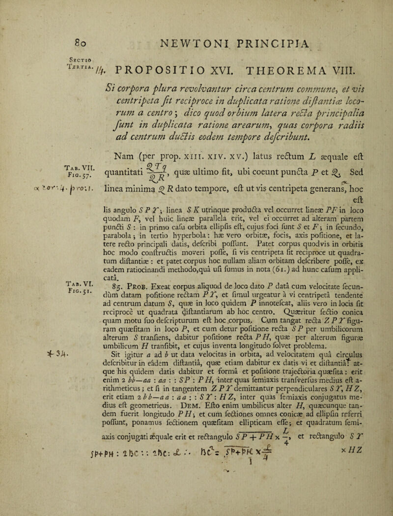 Sectio Tertia. Tab. VII. Fig.57. o< 'tOr‘\^. jj rO\l, Tab. VI. Fig.51. * 3i*. Ub PROPOSITIO XVI. THEOREMA VIII. -0/ corpora plura revolvantur circa centrujn commune, w centripeta fit reciproce in duplicata ratiotte dijl antice loco- rum a centro ; quod orbium latera reEla principalia fiunt in duplicata ratio?ie arearum, quas corpora radiis ad centrum duElis eodem tempore deficribunt. Nam (per prop. xm. xiv. XV.) latus redlum L aequale eft G) p Q . quantitati quae ultimo fit, ubi coeunt punfta P et ^ Sed ^ (jjc. linea minima P dato tempore, eft ut vis centripeta generans, hoc eft lis angulo S P T\ linea S K utrinque produfta vel occurret lineae PF in loco quodam P, vel huic lines: parallela erit, vel ei occurret ad alteram partem punfti S : in primo cafu orbita ellipfis eft, cujus foci funt S et Fin fecundo, parabola •, in tertio hyperbola: hae vero orbitae, focis, axis pofitione, et la¬ tere reflo principali datis, defcribi poflunt. Patet corpus quodvis in orbitis hoc modo conftruftis moveri pofle, fi vis centripeta fit reciproce ut quadra¬ tum diftantiae : et patet corpus hoc nullam aliam orbitam defcribere pofle, ex eadem ratiocinandi methodo,qua ufi fumus in nota (61.) ad hunc cafum appli¬ cata. 85. Prob. Exeat corpus aliquod de Iocg dato P data cum velocitate fecun¬ dum datam pofitione reftam PP, et fimul urgeatur a vi centripeta tendente ad centrum datum S, quae in loco quidem P innotefcat, aliis vero in locis fit reciproce ut quadrata cjiftantiarum ab hoc centro. Quaeritur feftio conica quam motu fuo defcripturum eft hoc corpus. Cum tangat refla Z P T figu¬ ram quaefitam in loco P, et cum detur pofitione refla S P per umbilicorum alterum S tranfiens, dabitur pofitione refla P H, quae per alterum figurae umbilicum H tranfibit, et cujus inventa longitudo folvet problema. Sit igitur a ad b ut data velocitas in orbita, ad velocitatem qua circulus defcribitur in eadem diftantia, quae etiam dabitur ex datis vi et diftantia* at¬ que his quidem datis dabitur et forma et pofitione trajefloria qusefita: erit enim 2 bb—aa : aa : : SP : P H, inter quas femiaxis tranfverfus medius eft a- rithmeticus; et fi in tangentem Z P T demittantur perpendiculares S P, H Z, erit etiam 1 bb—aa : a a : : S T : H Z, inter quas femiaxis conjugatus me¬ dius eft geometricus. Dem. Efto enim umbilicus alter H, quascunque tan¬ dem fuerit longitudo P FI-, et cum fefliones omnes conicae ad e.llipfin referri poflunt, ponamus feflionem quasfitam ellipticam efle; et quadratum femi- ' _£ axis conjugati aequale erit et reflangulo S P -p P H x —» et reflangulo S T JP+PH : alJCV. I **