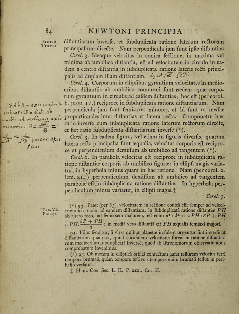 Sectio Tertia Hwj-tcnrW P- diftantiarum inverfe, et fubduplicata ratione laterum redlorum principalium diredle. Nam perpendicula jam funt ipfae diftantias. Ccrol. 3. Ideoque velocitas in conica fedtione, in maxima vel minima ab umbilico diftantia, eft ad velocitatem in circulo in ea¬ dem a centro diftantia in fubduplicata ratione lateris recti princi¬ palis ad duplam illam diftantiam. Ccrol. 4. Corporum in ellipfibus gyrantium velocitates in medio¬ cribus diftantiis ab umbilico communi funt eaedem, quae corpo¬ rum gyrantium in circulis ad eafdem diftantias; hoc eft (per corol. VjrA V h - axw V 6. prop. iv.) reciproce in fubduplicata ratione diftantiarum. Nam perpendicula jam funt femi-axes minores, et hi funt ut medias proportionales inter diftantias et latera redta. Componatur haec ratio inverfe cum fubduplicata ratione laterum redtorum diredte, et fiet ratio fubduplicata diftantiarum inverfe (c). Corol. 5. In eadem figura, vel etiam in figuris diverfis, quarum latera redta principalia funt aequalia, velocitas corporis eft recipro¬ ce ut perpendiculum demiftum ab umbilico ad tangentem (d). Corol. 6. In parabola velocitas eft reciproce in fubduplicata ra¬ tione diftantias corporis ab umbilico figurae j in ellipfi magis varia¬ tur, in hyperbola minus quam in hac ratione. Nam (per corol. 2. lem. xii.) perpendiculum demiftum ab umbilico ad tangentem parabolae eft in fubduplicata ratione diftantiae. In hyperbola per¬ pendiculum minus variatur, in ellipfi magis. J Corol. 7. (c) 93. Patet (per 85). velocitatem in fedtione conica efie femper ad veloci¬ tatem in circulo ad eandem diftantiam, in fubduplicata ratione diftantiae PH ab altero foco, ad femiaxem majorem, eft enim a2 : b2 :: 2 PH: SP 4- PH C p 1 p TJ : :PH:---: in media vero diftantia eft: PH aequalis femiaxi majori. 94. Hinc fequitur, fi vires quibus planetae in folem urgentur fint inverfe ut diftantiarum quadrata, quod eorundem velocitates forent in ratione diftantia¬ rum mediocrium fubduplicata inverse* quod ab aftronomorum obfervationibus comprobatum invenimus. (d) 95. Ob motum in elliptica orbita confeftum patet tellurem velocius ferri tempore brumali, quam tempore aeftivo: tempore enim brumali tellus in peri- helio verfatur. J Ham. Con. Sec. L. II. P. xxxi. Cor. II. * ' - - r ~ t ~ rhih at> ■JC- \ (Xrl W irC ‘t*1 ti f iVv»; T ab. VI. Fio.51.