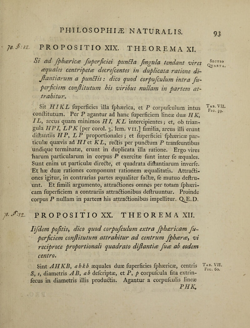 93 * jo. / n //. JP-iz. PROPOSITIO XIX. THEOREMA XI. Si ad fpharicce fuperficiei punEla finvula tendant vires nSECTI° aquales centripetce decrefcentes in duplicata ratione di- Jlantiarum a punEtis: dico quod corpufculum intra fu¬ perficiem conflitutum his viribus nullam in partem at¬ trahitur. Sit HIKL luperficies illa fphaerica, et P corpufculum intus Y1** conftitutum. Per P agantur ad hanc fuperficiem lineae duae HK, 1L, arcus quam minimos HI, KL intercipientes; et, ob trian¬ gula HPI, LPK (per corol. 3. lem. vri.] fimilia, arcus illi erunt diftantiis HP, LP proportionales; et fuperficiei fphaeric^ par¬ ticulae quaevis ad HI et KL, reCtis per punCtum P tranfeuntibus undique terminatae, erunt in duplicata illa ratione. Ergo vires harum particularum in corpus P exercitae funt inter fe aequales. Sunt enim ut particulae direCte, et quadrata diftantiarum inverfe. Et hae duae rationes componunt rationem aequalitatis. Attracti¬ ones igitur, in contrarias partes aequaliter factae, fe mutuo deftru- unt. Et fimili argumento, attraCtiones omnes per totam iphaeri- cam fuperficiem a contrariis attraCtionibus deftruuntur. Proinde corpus P nullam in partem his attractionibus impellitur. QjE.D. P R O P O S I T I O XX. THEOREMA XII. lifdem pofitis> dico quod corpufculum extra fphcericam fu¬ perficiem co?ifiitutum attrahitur ad centrum fphcerce, vi reciproce proportionali quadrato difiantice fuce ab eodem centro. Sint AHKB, ahkb aequales duae fuperficies fphaericae, centris Tab. vrr. S, s, diametris AB, ab defcriptae, et P, p corpufcula fita extrin- fecus in diametris illis produCtis. Agantur a corpufculis linea; PHK,