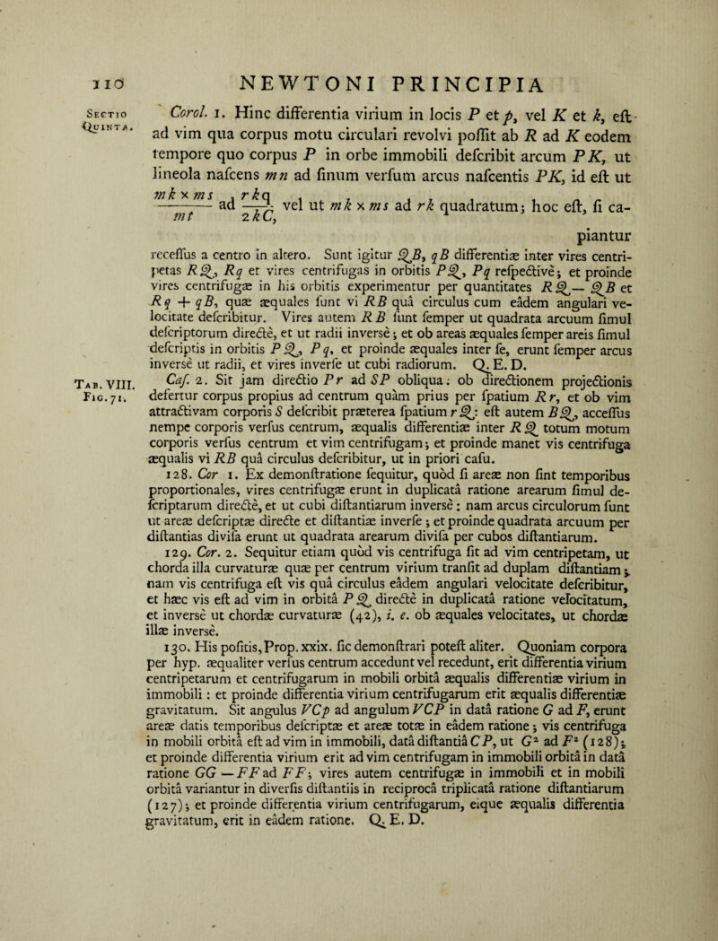 Sectio {Quinta. Tab. VIII. Fig. 7U Corol. i. Hinc differentia virium in locis P et/>, vel K et k, eft ad vim qua corpus motu circulari revolvi poffit ab R ad K eodem tempore quo corpus P in orbe immobili defcribit arcum PK, ut lineola nafcens m?i ad linum verfum arcus nafcentis PK, id eft ut k x m S T k Q —-ad —vel ut mk x ms ad rk quadratum; hoc eft, ft ca- Jfl T 2 R. L<, piantur receffus a centro in altero. Sunt igitur qB differentiae inter vires centri- petas Rg^, Rq et vires centrifugas in orbitis PPq refpedttve; et proinde vires centrifugae in his orbitis experimentur per quantitates Rg^— g^B et Rq 4* qB, quae aequales funt vi RB qua circulus cum eadem angulari ve¬ locitate defcribitur. Vires autem R B lunt femper ut quadrata arcuum fimul delcriptorum dire&e, et ut radii inverse; et ob areas aequales femper areis fimul defcriptis in orbitis P gF> P q, et proinde squales inter fe, erunt femper arcus inverse ut radii, et vires inverfe ut cubi radiorum. Q^E. D. Caf. 2. Sit jam direftio Pr ad SP obliqua; ob dire&ionem projeftionis defertur corpus propius ad centrum quam prius per fpatium Rr, et ob vim attra&ivam corporis 5 defcribit praeterea fpatium rQj. eft autem Bg^, accefllis nempe corporis verius centrum, aequalis differentiae inter R totum motum corporis verfus centrum et vim centrifugam; et proinde manet vis centrifuga aequalis vi RB qua circulus defcribitur, ut in priori cafu. 128. Cor 1. Ex demonftratione fequitur, quod fi areae non fint temporibus proportionales, vires centrifugae erunt in duplicata ratione arearum fimul de- fcriptarum direde, et ut cubi diftantiarum inverse: nam arcus circulorum funt ut areae defcriptae direde et diftantiae inverfe ; et proinde quadrata arcuum per diftantias divifa erunt ut quadrata arearum divifa per cubos diftantiarum. 129. Cor. 2. Sequitur etiam quod vis centrifuga fit ad vim centripetam, ut chorda illa curvaturae qu^ per centrum virium tranfit ad duplam diftantiam ^ nam vis centrifuga eft vis qua circulus eadem angulari velocitate defcribitur, et haec vis eft ad vim in orbita P ^ direde in duplicata ratione velocitatum, et inverse ut chordae curvaturae (42), i. e. ob aequales velocitates, ut chordae illae inverse. 130. His pofitis,Prop. xxix. fic demonftrari poteft aliter. Quoniam corpora per hyp. aequaliter verfus centrum accedunt vel recedunt, erit differentia virium centripetarum et centrifugarum in mobili orbita aequalis differentiae virium in immobili: et proinde differentia virium centrifugarum erit aequalis differentiae gravitatum. Sit angulus VCp ad angulum VCP in data ratione G ad P, erunt areae datis temporibus defcriptae et areae totae in eadem ratione; vis centrifuga in mobili orbita eft ad vim in immobili, data diftantia CP, ut Gz ad Fz (128)^ et proinde differentia virium erit ad vim centrifugam in immobili orbita in data ratione GG —FFad FF\ vires autem centrifugae in immobili et in mobili orbita variantur in diverfis diftantiis in reciproca triplicata ratione diftantiarum (127); et proinde differentia virium centrifugarum, eique aequalis differentia gravitatum, erit in eadem ratione. Q^E. D.