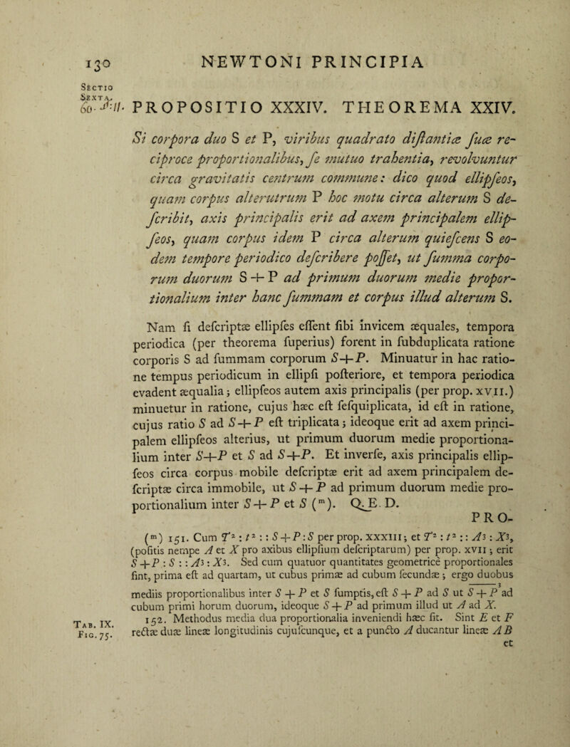 I3° Sectio Sexta., do- Tab. IX. Fig,75. • PROPOSITIO XXXIV. THEOREMA XXIV, Si corpora duo S et P, viribus quadrato dijla?iti<z fuce re¬ ciproce proportionalibus, fe mutuo trahentia, revolvuntur circa gravitatis cetitrum commune: dico quod ellipfeos, qua?n corpus alterutrum P hoc motu circa alterum S de¬ fer ibit, axis principalis erit ad axem principalem ellip¬ feos, quam corpus ide?n P circa alterum quiefeens S eo¬ dem tempore periodico deferibere pojfet, ut fumma corpo- rum duorum S -4- P ad primum duorum medie propor¬ tionalium inter hanc fummam et corpus illud alterum S. Nam fi defcriptse ellipfes edent fibi invicem aequales, tempora periodica (per theorema fuperius) forent in fubduplicata ratione corporis S ad fummam corporum S-bP- Minuatur in hac ratio¬ ne tempus periodicum in ellipfi pofteriore, et tempora periodica evadent aequalia; ellipfeos autem axis principalis (per prop. xvn.) minuetur in ratione, cujus haec eft fefquiplicata, id eft in ratione, cujus ratio S ad S-\-P eft triplicata j ideoque erit ad axem princi¬ palem ellipfeos alterius, ut primum duorum medie proportiona¬ lium inter S-bP et S ad S-bP. Et inverfe, axis principalis ellip¬ feos circa corpus mobile deferiptae erit ad axem principalem de- feriptae circa immobile, ut S -f- P ad primum duorum medie pro¬ portionalium inter S-bP et S (m). QJE D. PRO- (m) 151. Cum T*: /2 :: S + P:S per prop. xxxiii; et : /2:: A3: JD, (pofitis nempe A et X pro axibus ellipfium deferiptarum) per prop. xvii •, erit S -\-P : S :: A3: Xi. Sed cum quatuor quantitates geometrice proportionales fint, prima eft ad quartam, ut cubus primae ad cubum fecundae ; ergo duobus -1 mediis proportionalibus inter S + P et S fumptis,eft S + P ad S ut S -f- P ad cubum primi horum duorum, ideoque S P ad primum illud ut A ad X. 152. Methodus media dua proportionalia inveniendi haec fit. Sint £ et F redae duae lineae longitudinis cujufcunque, et a pundo A ducantur lineae A B et