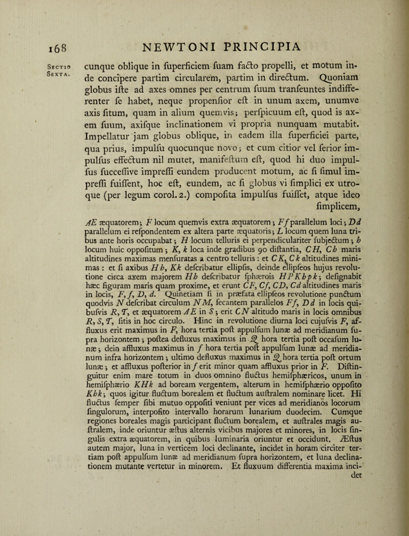 Sectio Sexta. cunque oblique in fuperficiem fuam fa£to propelli, et motum in¬ de concipere partim circularem, partim in diredtum. Quoniam globus ifte ad axes omnes per centrum fuum tranfeuntes indiffe¬ renter fe habet, neque propenfior eft in unum axem, unumve axis fitum, quam in alium quemvis; perfpicuum eft, quod is ax¬ em fuum, axifque inclinationem vi propria nunquam mutabit. Impellatur jam globus oblique, in eadem illa fuperficiei parte, qua prius, impulfu quocunque novo; et cum citior vel ferior im- pulfus effedlum nil mutet, manifeftum eft, quod hi duo impul- fus fucceflive impreffi eundem producent motum, ac fi fimul im- preffi fuiffent, hoc eft, eundem, ac fi globus vi fimplici ex utro¬ que (per legum corol. 2.) compoftta impulfus fuiflet, atque ideo ffmplicem, AE aquatorem; F locum quemvis extra aequatorem ; F/parallelum loci; Dd parallelum ei refpondentem ex altera parte aequatoris; L locum quem luna tri¬ bus ante horis occupabat; H locum telluris ei perpendiculariter fubjedtum ; h locum huic oppofitum; K, k loca inde gradibus 90 diftantia, CH, Cb maris altitudines maximas menfuratas a centro telluris : et CKX C k altitudines mini¬ mas : et fi axibus H h, Kk defcribatur ellipfis, deinde ellipfeos hujus revolu¬ tione circa axem majorem Hh defcribatur fphaerois HPKhpk\ defignabit haec figuram maris quam proxime, et erunt CF, Cfy CD, Cd altitudines maris in locis, F, /, F, d. Quinetiam fi in praefata ellipfeos revolutione pundtum quodvis N defcribat circulum NM, fecantem parallelos F/, Dd in locis qui- bufvis R, T, et aequatorem A E in S erit CN altitudo maris in locis omnibus R, S, F, fitis in hoc circulo. Hinc in revolutione diurna loci cujufvis F, af- fluxus erit maximus in F, hora tertia poft appulfum lunae ad meridianum fu- pra horizontem ; poftea defluxus maximus in hora tertia poft occafum lu¬ nae ; dein affluxus maximus in / hora tertia poft appulfum lunae ad meridia¬ num infra horizontem ; ultimo defluxus maximus in ^hora tertia poft ortum lunae ; et affluxus pofterior in / erit minor quam affluxus prior in F. Diftin- guitur enim mare totum in duos omnino fiuftus hemifphaericos, unum in hemifphasrio KHk ad boream vergentem, alterum in hemifphaerio oppofito Khk\ quos igitur fluftum borealem et fluftum auftralem nominare licet. Hi fiudtus femper fibi mutuo oppofiti veniunt per vices ad meridianos locorum Angulorum, interpofito intervallo horarum lunarium duodecim. Cumque regiones boreales magis participant fluftum borealem, et auftrales magis au¬ ftralem, inde oriuntur aeftus alternis vicibus majores et minores, in locis fin- gulis extra aequatorem, in quibus luminaria oriuntur et occidunt. iEftus autem major, luna in verticem loci declinante, incidet in horam circiter ter¬ tiam poft appulfum lunae ad meridianum fupra horizontem, et luna declina¬ tionem mutante vertetur in minorem. Et fluxuum differentia maxima inci¬ det