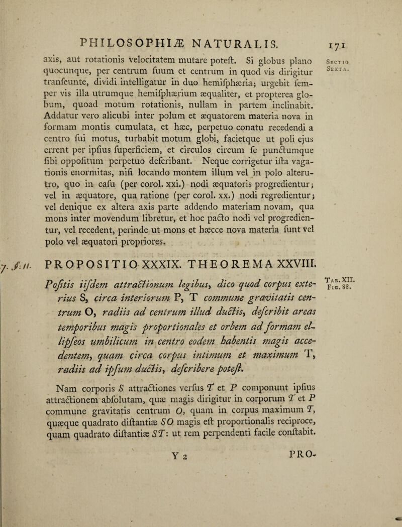 axis, aut rotationis velocitatem mutare poteft. Si globus plano quocunque, per centrum fuum et centrum in quod vis dirigitur tranfeunte, dividi intelligatur in duo hemifphaeria; urgebit fem- per vis illa utrumque hemifphaerium aequaliter, et propterea glo¬ bum, quoad motum rotationis, nullam in partem inclinabit. Addatur vero alicubi inter polum et aquatorem materia nova in formam montis cumulata, et haec, perpetuo conatu recedendi a centro fui motus, turbabit motum globi, facietque ut poli ejus errent per ipfius fuperficiem, et circulos circum fe punctumque fibi oppolitum perpetuo defcribant. Neque corrigetur ifba vaga¬ tionis enormitas, nifi locando montem illum vel in polo alteru¬ tro, quo in cafu (per corol. xxi.) nodi aequatoris progredientur ; vel in aequatore, qua ratione (per corol. xx.) nodi regredientur} vel denique ex altera axis parte addendo materiam novam, qua mons inter movendum libretur, et hoc pa6to nodi vel progredien¬ tur, vel recedent, perinde ut mons et haecce nova materia funt vel polo vel aequatori propriores. j.J-.ih PROPOSITIO XXXIX. THEOREMA XXVIII. Pojitis iifdem attraSitonum legibus, dico quod corpus exte¬ rius S, circa interiorum P, T co7nmune gravitatis cen¬ trum O, radiis ad centrmn illud duffis> defcribit areas te7nporibus magis proportionales et orbetn ad for7na77i el- lipfeos umbilicmn in ce72tro eodetn habentis 7?iagis acce- dentetn, quam circa corpus intimum et maximum T, radiis ad ipfutn dubiis, deferibere potejl. Nam corporis S attradliones verfus T et P componunt ipfius attradlionem abfolutam, quae magis dirigitur in corporum T et P commune gravitatis centrum 0> quam in corpus maximum P, quaeque quadrato diftantiae SO magis eil proportionalis reciproce, quam quadrato diftantiae ST: ut rem perpendenti facile conftabit. Y 2 Sectio Sexta. Tab.XIL Fio.88. PRO-