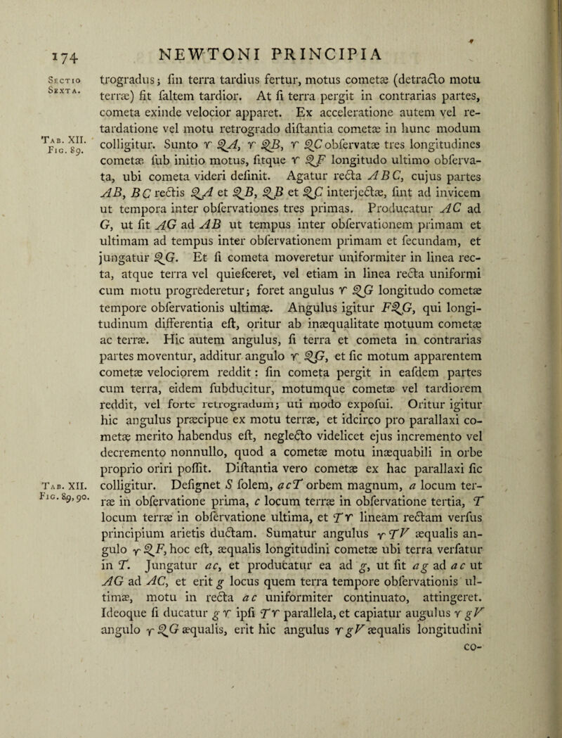 Sectio Sexta. Tab. XII. Fig. 89. Tab. XII. Fig.89,90. NEWTONI PRINCIPIA trogradus; fin terra tardius fertur, motus cometas (detraclo motu terrae) fit faltem tardior. At fi terra pergit in contrarias partes, cometa exinde velocior apparet. Ex acceleratione autem vel re¬ tardatione vel motu retrogrado diftantia cometae in hunc modum colligitur. Sunto T g%A9 v v g>C obfervatae tres longitudines cometae lub initio motus, fitque r ^F longitudo ultimo obferva- ta, ubi cometa videri definit. Agatur recta ABC, cujus partes AB, BC redtis g^A et g^B et interjedtae, fint ad invicem ut tempora inter obfervationes tres primas. Producatur AC ad G, ut fit AG ad AB ut tempus inter obfervationem primam et ultimam ad tempus inter obfervationem primam et fecundam, et jungatur g>jG. Et ft cometa moveretur uniformiter in linea rec¬ ta, atque terra vel quiefceret, vel etiam in linea recla uniformi cum motu progrederetur j foret angulus T i^G longitudo cometae tempore obfervationis ultimae. Angulus igitur F^Gy qui longi¬ tudinum differentia efl, oritur ab inaequalitate motuum cometae ac terrae. Plic autem angulus, fi terra et cometa in contrarias partes moventur, additur angulo r g^p, et fic motum apparentem cometae velociorem reddit: fin cometa pergit in eafdem partes cum terra, eidem fubducitur, motumque cometae vel tardiorem reddit, vel forte retrogradum 5 uti modo expofui. Oritur igitur hic angulus praecipue ex motu terrae, et idcirco pro parallaxi co¬ metae merito habendus elf, negledto videlicet ejus incremento vel decremento nonnullo, quod a cometae motu inaequabili in orbe proprio oriri poflit. Diftantia vero cometas ex hac parallaxi fic colligitur. Defignet S folem, acT orbem magnum, a locum ter¬ rae in obfervatione prima, c locum terrae in obfervatione tertia, T locum terrae in obfervatione ultima, et T T lineam redtam verfus principium arietis dudtam. Sumatur angulus f aequalis an¬ gulo y' hoc efl, aequalis longitudini cometae ubi terra verfatur in T. Jungatur ac, et produfcatur ea ad g, ut fit ag ad ac ut AG ad ACy et erit g locus quem terra tempore obfervationis ul¬ timae, motu in redta ac uniformiter continuato, attingeret. Ideoque fi ducatur g r ipfi Tr parallela, et capiatur angulus r gV angulo r aequalis, erit hic angulus xgV aequalis longitudini co-