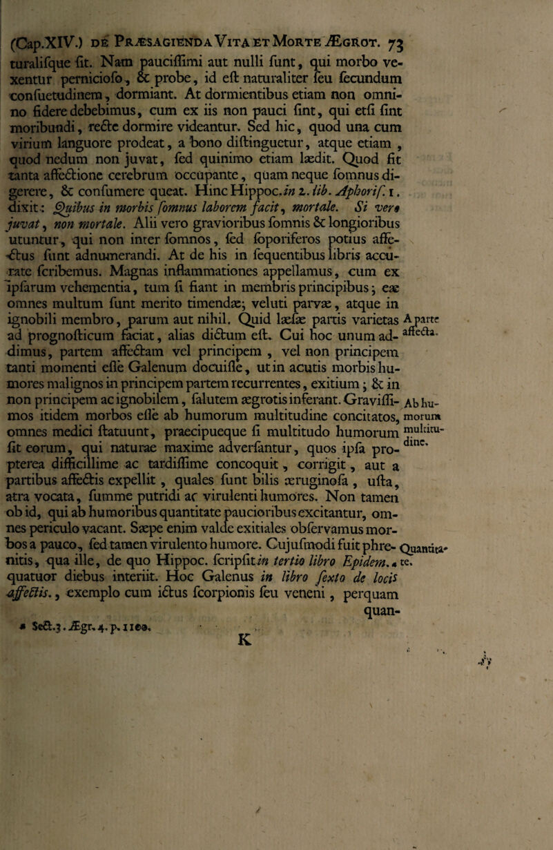 turalifque iit. Nam pauciffimi aut nulli funt, qui morbo ve¬ xentur perniciofb, & probe, id eft naturaliter feu fecundum confuettidinem, dormiant. At dormientibus etiam non omni¬ no fidere debebimus, cum ex iis non pauci fint, qui etfi fint moribundi, re&c dormire videantur. Sed hic, quod una cum virium languore prodeat, a bono diftinguetur, atque etiam , quod nedum non juvat, fed quinimo etiam laedit. Quod fit tanta affe&ione cerebrum occupante, quam neque fomnus di¬ gerere , Sc confumere queat. Hinc Hippoc.i# z. iib. Apkorif. 1. dixit-: Quibus in morbis fomnus laborcm facit, mortale. Si ver* juvat, non mortale. Alii vero gravioribus fomnis St longioribus utuntur , qui non inter fomnos, fed fbporiferos potius affe¬ ctus funt adnumerandi. At de his in fequentibus libris accu¬ rate fcribemus. Magnas inflammationes appellamus, cum ex lpfarum vehementia, tum fi fiant in membris principibus; eae omnes multum funt merito timendae; veluti paryae, atque in ignobili membro, parum aut nihil. Quid laefae partis varietas A parte ad prognofticum faciat, alias didtum eft. Cui hoc unum ad- dimus, partem afte<5tam vel principem , vel non principem tanti momenti efle Galenum docuifle, ut in acutis morbis hu¬ mores malignos in principem partem recurrentes, exitium; £t in non principem ac ignobilem, falutem aegrotis inferant. Graviffi- Ab hu¬ mos itidem morbos efle ab humorum multitudine concitatos, morum omnes medici ftatuunt, praecipueque fi multitudo humorum fit eorum, qui naturae maxime adverfantur, quos ipfa pro- mc% pterea difficillime ac tardiffime concoquit, corrigit, aut a partibus affe£tis expellit, quales funt bilis aeruginofa , ufta, atra vocata, fumme putridi ac virulenti humores. Non tamen obid, qui ab humoribus quantitate paucioribus excitantur, om¬ nes periculo vacant. Saepe enim valde exitiales obfervamus mor¬ bos a pauco, fed tamen virulento humore. Cujufmodi fuit phre- Quantis nitis, qua ille, de quo Hippoc. fbripfitin tertio libro Epidem.4 te. quatuor diebus interiit. Hoc Galenus in libro fexlo de locis affettis., exemplo cum iftus fcorpionis feu veneni, perquam quan- # Sed.^. ^E.gr. 4. p. 11 /