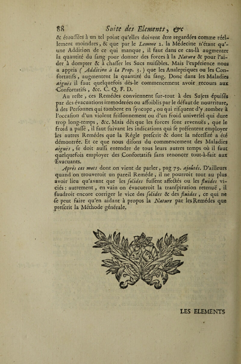 6c étouffées à un tel point qu'elles doivent être regardées comme réel** lement moindres, 6c que par le Lemme i. la Médecine n'étant qu’¬ une Addition de ce qui manque, il faut dans ce cas-là augmenter la quantité du fang pour donner des forces à la Nature 6c pour l'ai¬ der à dompter 6c à châtier les Sucs nuihbles. Mais l'expérience nous a appris ( Addition d la Prop. $. ) que les Analeptiques ou les Con¬ fortatifs , augmentent la quantité du fang. Donc dans les Maladies aiguës il faut quelquefois dès-le commencement avoir recours aux 'Confortatifs , 6cc. C. Q. F. D. Au refte , ces Remèdes conviennent fur-tout à des Sujets épuifés par des évacuations immodérées ou affoiblispar le défaut de nourriture, à des Perfonnes qui tombent en fyncope , ou qui rifquent d'y /tomber à l'occafion d'un violent frilïonnement ou d'un froid univerfel qui dure trop long-temps , 6cc. Mais dès que les forces font revenues , que le froid a patfé , il faut fuivant les indications qui fe préfentent employer les autres Remèdes que la Régie preferit 6c dont la nécelïité a été démontrée. Et ce que nous difons du commencement des Maladies aiguës , fe doit auili entendre de tous leurs autres temps où il faut quelquefois employer des Confortatifs fans renoncer tout-à-fait aux Evacuants. Après ces mets dont on vient de parler, pag 79. ajoutés. D'ailleurs quand on trouveroit un pareil Remède, il ne pourroit tout au plus avoir lieu qu'avant que les folides fulfent affe&és ou les fluides vi¬ ciés : autrement , en vain on évacueroit la tranfpiration retenue , il faudroit encore corriger le vice des folides 6c des fluides , ce qui ne ie peut faire qu'en aidant à propos la Nature par les Remèdes que preferit la Méthode générale. M Æ A A. æ LES ELEMENTS