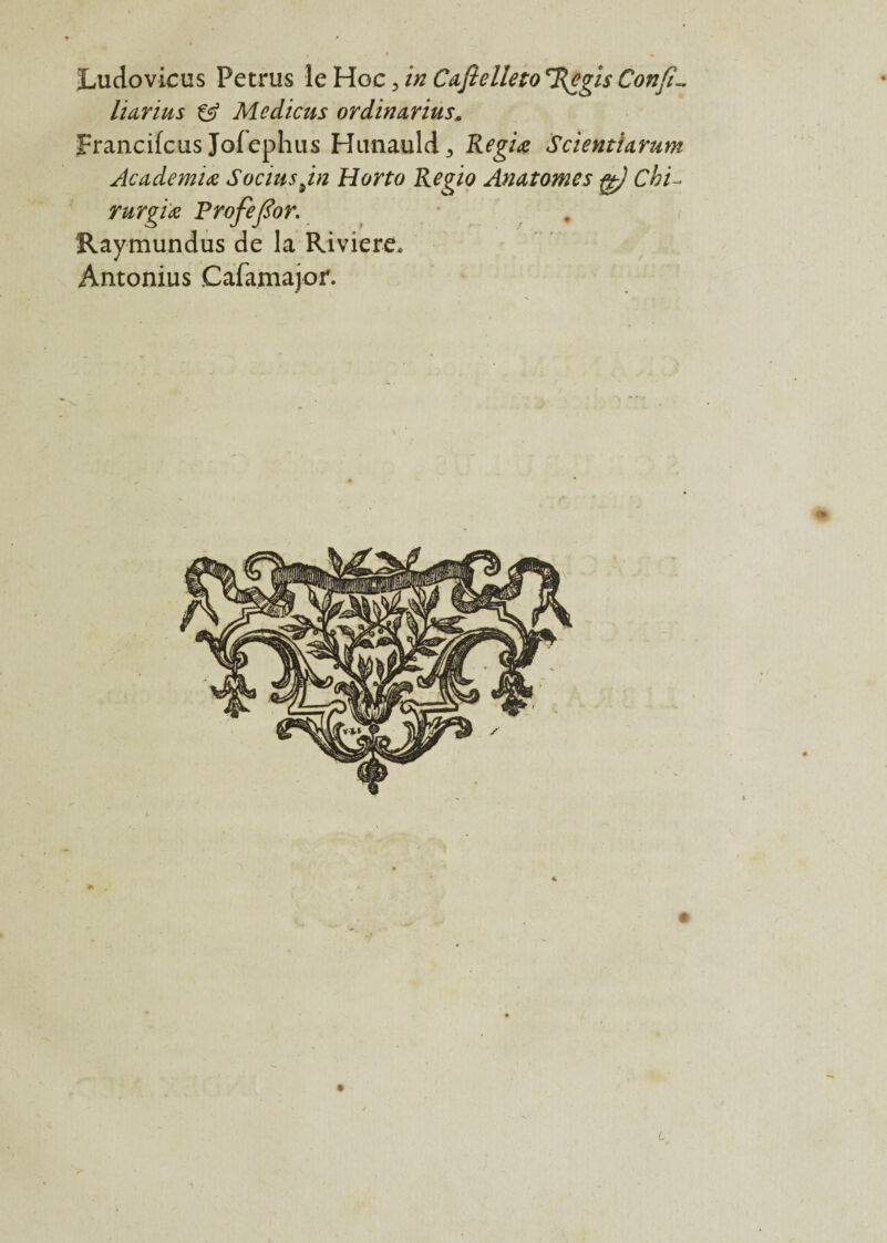 Ludovicus Petrus le Hoc 3 in Cafielleto cRegis Confia liarius & Maliens ordinarius. Francifcus Jofephus Hunauld 3 Regiœ ScientUrtim Academiœ Sociusjn Horto Regio Anatomes fê) Chi- rurgi'œ Frofefior. • Raymundus de la Riviere. Antonius Cafamajor. i