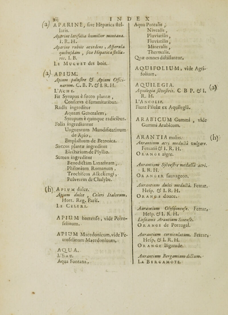 [ZLj APARINE, fivc Hepatica ftel- laris. Apfirme latifolia hiimihor mont an a. ■ 1. R. H. Aparine rabiis accédons , AJperula cjiiibujdam 3 (ive Hepatica fella^ rts. I. B. Le Muguet des bois. (&)' A P IU Mi Apium pahiflre 0 Apium Ojfici- narum. C. B. P. 0 [, R. H. L’Ax: h e. Fit Syrupus è fucco planta:, Gonferva è fummitacibus. Radix ingrcditur Aquam Generalet-n, Syrupum è quinque radicibus. Folia ingrediuntur Unguenrnm MimdifiCativum de Apio, Empîjftrum de Beronica, Succus pjantæ ingrcditur Elc&rarium de Pfyllio. Stmen ingrcditur Benedidtam Laxativam f Philonium Romanurn , Trochifcos Alkekcngi, PûLveretn de Chalybe. (h^ Apium dulce. Api um dulce y Celeri Italorum, Horr. Rcg. PariL Le Celeri.. A P IU M hortenfe, vide Petro- feiinum, - D H X Aqua Putcalis } Nivealis, PluviatiliSj Fluviatilis 3 Mineralis, Thermal is. Quæ omnes dilHllantur* AQUIFOLIUM, vide Agri- folium. aqüilegia. Acfutleqia filvejlris. C B P. C? I. R. H. L’A NCOLIF. Fiant Piluiæ ex Aquilcgiâ. ARABICUM Gummi 3 vide Gummi Arabicum. A R A H TI A malus/ Aurantium acri medulld valgare. Ferrarii 0 i. R. H,, O r-a n g e aigre. Aurantium Sjlvefhe medalîa acri, I. R. H. Or anger fauvageon. Aurdnttum dulci me dalla, Ferrar. Help, e? 1. R. H. Orange douce,.* ♦ E ->i sLIVx Aurantium Olyfiponenfe. Fcrrar* Help. 0 I. R. H. Lu fiant s Arantiam Sinenfe. Orange de Portugal. APIUM Mncedoniciim,videFe- trofclinum Macedonicum. - A au A, L’Eau. Aqua Fontana? Auranthim cornicalatum, Ferrars Hefp. 0 I. R. H. Orange Bigarade. A arantiam Bergammm diUam* * La Bergamote.
