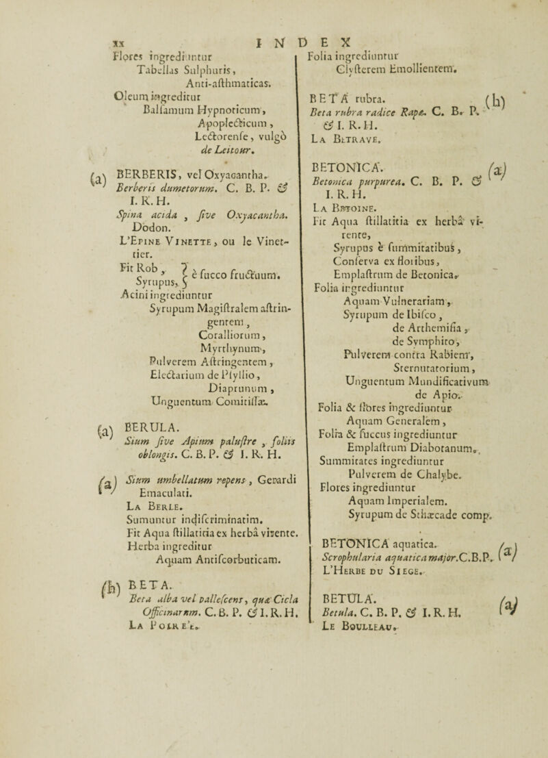 Flores ingrediuntur Tabeilas Sulphuris, Anti-afthmaticas. Oleum ingreditur Baliamum Hypnoticum, Apopledbicum , LcdForenfe, vulgb de Lato ht, BF.RBERIS, vel OxyaGantha- Ber ber is dumetomm. C. B. P. & I. K. H. Spin*, acida, , Jive Oxjacantba. Dodon. L’Eiune Vinette, ou le Vinet- ticr. Fit Rob , ? s r c o- c 9 > c lucco fructuum. Syrupus, y Acini ingrediuntur Syrupum Magiftralem aftrin- genrem, Coralliorum, Myrrhynurri', Pulverem Aftringcntem, Eieâarium de Plyllio, Diaprunum , Unguentum Comirillai. BERULA. Sium Jive Jlpmm pain (ire , foliis oblongis. C. B. P. & 1. R. H. \ Sium umbellatum repens , Gerardi ' Emaculati. La Berle. Sumuntur indifcriminatim. Fit Aqua ftillatiria ex herbâ vfoente. Herba ingreditur Aquam Antifcorbuticam. j\ BETA. Ber a alba vel vallefcens, qu& Cicla Officinarum. C. B. P. (J I. R. H, La PotREt* Folia ingrediunrur Givfterem Emollientem. / BETA rtibra. Beta rubra radice Rapfi* C. B» P» &l. R. H. La Bt.TR AVE. BETONlCA. / Betontca purpurea. C. B. P. C? I. R. H. La Bjwoine. Fie Aqua ftillatitia ex herbâ vi- rente, Syrupos è fummitatibuS, Conferva exHoiibus, Emplaftrum de Betonica* Folia irgrediuntnr Aquam Vulnerariam. SyrupLim de Ibifco, de Arthemifîa , de Svmphico, Plilverem contra Rabienr, Sternuratorium, Unguentum Mundificativum de Apio.- Folia & libres ingrediunrur Aquam Generalem, Folia & Fuccus ingrediuntur Emplartrum Diaboranum,, Summitates ingrediuntur Pulverem de Chaly.be., Floresingrediuntur Aquam lmperialem. Syrupum de Sthæcade comp, BETONÏCA aquatica. Scrophularia aquaticamajor.Q,B.P. L’Herbe du Siégé. BETULA. Betula. C. B. P. & I. R. H. Le Boulleau.