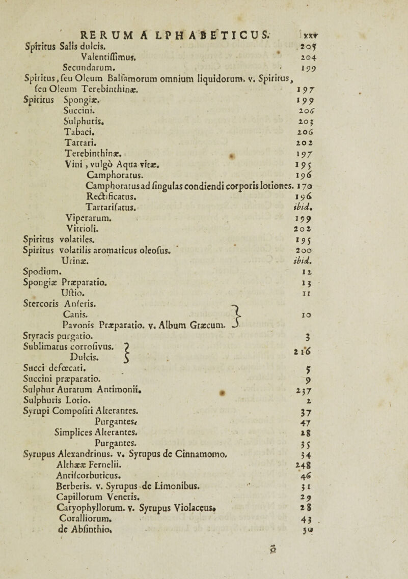 Sptrxcus Salis dulcis. .205 Valentifïimus. 204 Secundarum. 1579 Spiritus,feu Oleum Balfamorum omnium liquidorum. v. Spirirus, feu Oleum Terebinthinæ. 197 Spiricus Spongiæ. 1 9 9 Succini. 106 Sulphuris. 205 Tabaci. 106 Tarrari. 202 Terebinthinæ. . 19/ Vini, vulgo Aqua vitæ. 195 Camphoratus. 196 Camphoratus ad fîngulas condicndi corporis Ioticnes. 170 Reébficatus. Tartarifatus. Viperarum. Vitrioli. Spiritus volatiles. Spiricus volatilis aromaticus oleofus. Urinæ. Spodium. Spongiæ Præparatio. Uftio. Stercoris Anferis. Canis. p. Pavonis Præparatio. v. Album Græcum. -3 Styracis purgatio. Sisblimatus corrofivus. 9 Dulcis. \ Succi defœcati. Succini præparatio. Sulphur Auratum Antimoniï, 0 Sulphuris Lotio. Syrupi Compofiti Altérantes. Purgantes* Simplices Altérantes. Purgantes. Syrupus Alexandrinus. v. Syrupus de Cinnamomo. Althææ Fernelii. Antifcorbuticus. Bcrberis. v. Syrupus de Limonibus. Capillorum Veneris. Caryophyllorum. v. Syrupus Violacçus* Coralliorum. de Abfînthio. 196 ibid, 199 loi 19 5 200 ibid. 12 H 11 10 3 2 1* * 9 *57 2 37 47 18 35 34 148 4<* 3i 29 28 43 5^