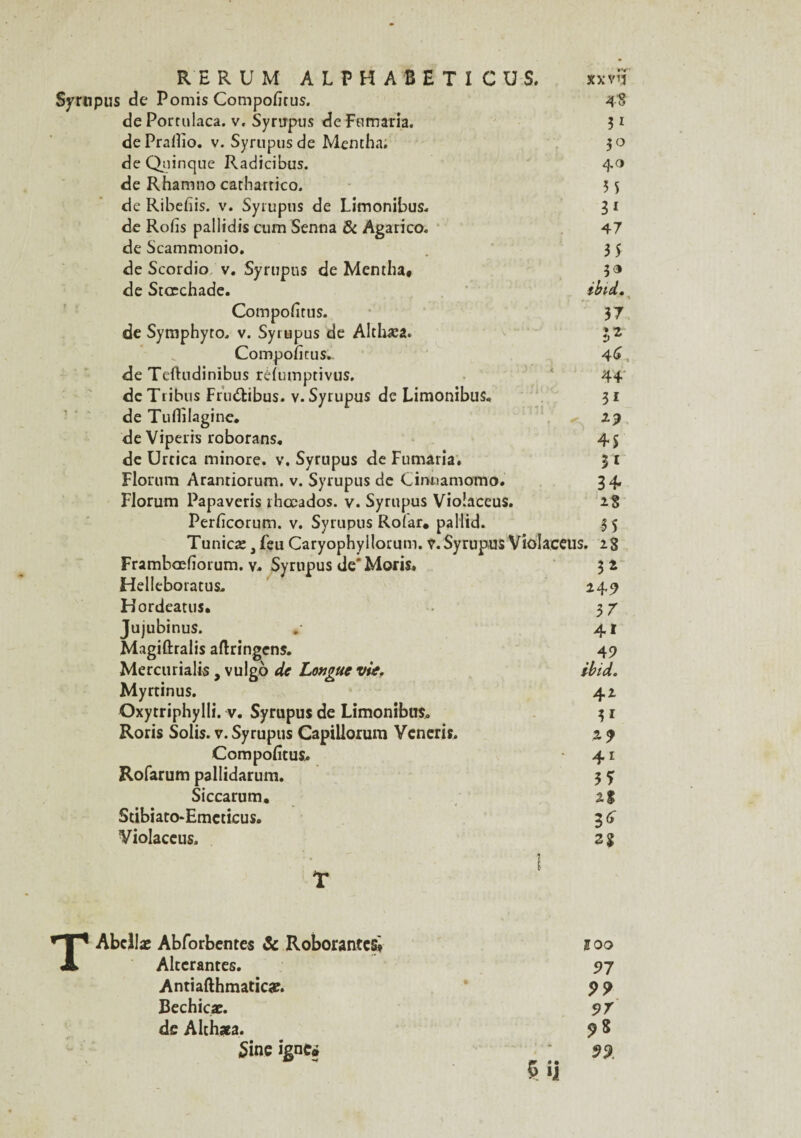 RERUM ALPHABETICUS. xxv^T Syrupus de Pomis Compoficus. 4$ de Portulaca. v. Syrupus de Ftimaria. 31 dePrallio. v. Syrupusde Mernha. 30 de Quinque Radicibus. 40 de Rhamno cathartico. 5 5 de Ribefiis. v. Syrupus de Limonibus. 3 1 de Rofis pallidis cum Senna & Agarico. 47 de Scammonio. 3 5 de Scordio v. Syrupus de Mentha* 3® de Surchade. ibid. Compofitus. 37 de Symphyro. v. Syrupus de Althæa. 52 Compoficus. 46. de Teftndinibus réfumptivus. * 44 de T1 ibus Fru&ibus. v. Syrupus de Limonibus. 31 de Tufiilagine* 23 de Viperis roborans, 45 de Urtica minore, v. Syrupus de Fumaria. 3 1 Florum Aranriorum. v. Syrupus de Cinoamomo. 34 Florum Papaveris rhœados. v. Syrupus Violaceus. 2 S Perficorum. v. Syrupus Roiar. pallid. 35 Tunicæ, feu Caryophyilorum. 7. Syrupus Violaceus. 23 Frambœfiorum. v. Syrupus de' Moris. 3 2 Helleboratus. 249 Hordeatus. 37 Jujubinus. 41 Magiûralis aftringens. 49 Mercurialis, vulgo de Longue vie. ibid. Myrtinus. 42 Oxyrriphylli. v. Syrupus de Limonibus. 31 Roris Solis. v. Syrupus Capillorum Vcneris. 2 9 Compofitus. 41 Rofarum pallidarum. 3 <y Siccarum. %% Stibiato*Emcticus. 3 G Violaceus. 2 g T TAbdlæ Abforbentes & Roborantcsi Altérantes. Antiafthmaticae. Bechicæ. de Althaea. Sine igné* no o 97 99 97 9 8 99.