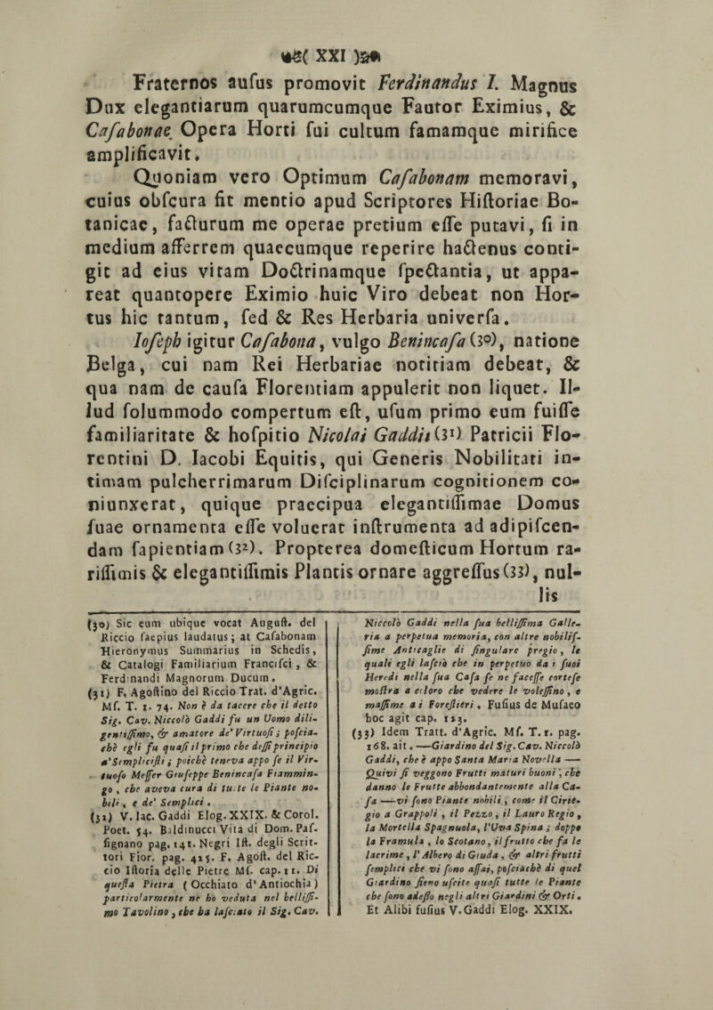 Fraternos aufus promovit Ferdinandus I. Magnus Dux elegantiarum quarumcumque Fautor Eximius, & Cafabonae„ Opera Horti fui cultum famamque mirifice amplificavit. Quoniam vero Optimum Cafabonam memoravi, cuius obfcura fit mentio apud Scriptores Hiftoriae Bo- tanicae, fafturum me operae pretium effe putavi, fi in medium afferrem quaecumque reperire ha&enus conti¬ git ad eius vitam Dottrinamque fpe&antia, ut appa¬ reat quantopere Eximio huic Viro debeat non Hor¬ tus hic tantum, fed & Res Herbaria univerfa, Iofeph igitur Cafabona, vulgo Benincafa(l°), natione Belga, cui nam Rei Herbariae notitiam debeat, & qua nam dc caufa Florentiam appulerit non liquet. Il¬ lud folummodo compertum eft, ufum primo eum fuiffe familiaritate & hofpitio Nico/ai Gaddii(31) Patricii Flo¬ rentini D, Iacobi Equitis, qui Generis Nobilitati in¬ timam pulcherrimarum Difciplinarum cognitionem co* niunxerat, quique praecipua elegantilfimae Domus fuae ornamenta effe voluerat inftrumenta ad adipifcen- dam fapientiam (32). Propterea domefticum Hortum ra- riflimis & elegantiffimis Plantis ornare aggreffus(3S), nul¬ lis (30) Sic cum ubique vocat Auguft. dei Riecio faepius laudatus; at Cafabonam Hieronymus Summarius in Schedis, & Catalogi Familiarium Francifci, & Ferdinandi Magnorum Ducum. (31) F, Agoftino dei Riccio Trat. d’Agric. Mf. T. I> 74. No» b da tacere che il detto Sig. c»v. Niceolo Gaddi fu un Vomo dili- gentijfimo^ & amatore de' Virtuofii pofeia- (be egli fu quafi il primo che defitprincipio *'Sem.phcifli i poiche teneva appo fe il Vir- iuofo Me fer Giufcppe Benincafa Fiammin- go , ebe aveva cura di tu. te le Piante no- hili , e de’ Semphci . (31) V.Jac. Gaddi Elog. XXIX. & Corol. Poet. 54. Baldinucci Vita di Dom. Paf- fignano pag. 141. Negri Ift. degi i Seri c- tori Fior. pag. 415. F, Agoft. dei Ric¬ cio Iftoria d$lle Pietre Mf. cap. n. Di quefia Pietra ( Occhiato d'Antiochia) partico1drmente ne ho veduta nel hellijji- mo lavolino} ebe ba lafc.ato il Sig. Cav. Kiccolo Gaddi nella fua bellifiima Galle- ria a perpetua memoria, eon altre nobili f fime Antieaglie di fingulare pregio, le quali egli lafcto ebe in perpetuo da t fuot Heredi nella fua Cafa fe ne facefe cortefe moftra a eiloro ebe vedere le volefilno , e majjtme ai Forejlieri, Fufius de Mufaeo hoc agit cap. 1*3, (33) Idem Tratt. d’Agric. Mf. T. r. pag. 168. ait. —Giardino dei Sig.Cav. Niccolb Gaddi, che e appo Santa Mana Novella -— Quivi fi veggono Frutti maturi buoni \ che danno le Frutte abbondantemente alia Ca¬ fa —vi fono Piante nobili , come il Cirie• gio a Grappoli , il Pezzo , il Lauro Regio , la Mortella Spagnuola, l'Vva Spina ; doppo la Framula , lo Scotano, il frutto ebe fa le lacrime , l' Albero diGiuda , fr altri frutti fempltci che vi fono afai, pofciatbb di quel Giardino fieno ufeite quafi tutte le Piante ebe fono adefio ncgli altn Giardini & Orti , Et Alibi fufius V.Gaddi Elog. XXIX.