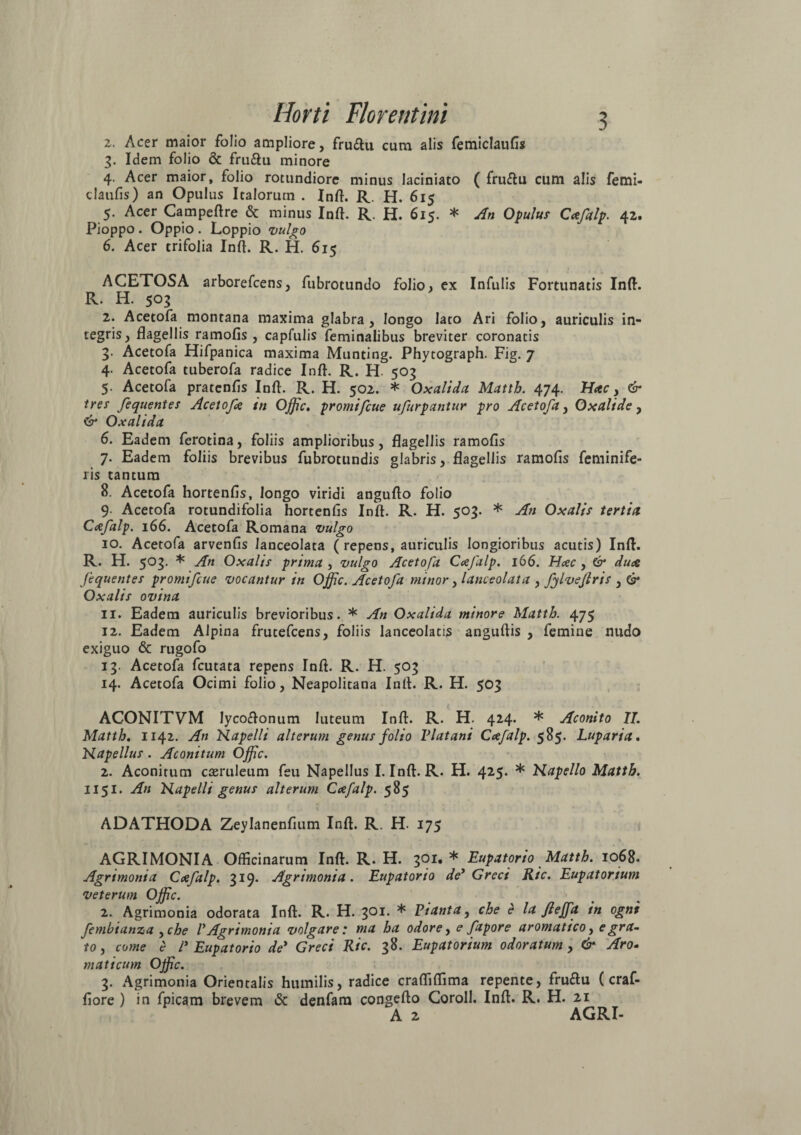 z. Acer maior folio ampliore, fru&u cum alis femiclaufis 3. Idem folio & fru&u minore 4. Acer maior, folio rotundiore minus laciniato ( fruftu cum alis femi¬ claufis) an Opulus Italorum . Infl. R. H. 615 5. Acer Campeftre 6c minus Infl. R. H. 615. * An Opulus Ccefalp. 42. Pioppo . Oppio . Loppio vulgo 6. Acer trifolia Infl. R. H. 615 ACETOSA arborefcens, fubrotundo folio, ex Infulis Fortunatis Infl. R. H. 503 2. Acetofa montana maxima glabra, longo lato Ari folio, auriculis in¬ tegris, flagellis ramofis , capfulis feminalibus breviter coronatis 3. Acetofa Hifpanica maxima Munting. Phytograph. Fig. 7 4. Acetofa tuberofa radice Infl. R. H. 503 5. Acetofa pratenfis Infl. R. H. 502. * Oxalida Mattb. 474. H*c, & tres fequentes Acetofa in Offic, promifcue ufurpantur pro Acetofa, Oxalide, & Oxalida 6. Eadem ferotina, foliis amplioribus, flagellis ramofis 7. Eadem foliis brevibus fubrotundis glabris, flagellis ramofis feminife- lis tantum 8. Acetofa hortenfis, longo viridi angufto folio 9. Acetofa rotundifolia hortenfis Infl. R. H. 503. * An Oxalis tertia Cafalp. 166. Acetofa Romana vulgo 10. Acetofa arvenfis Janceolata ( repens, auriculis longioribus acutis) Infl. R. H. 503. * An Oxalis prima , vulgo Acetofa Ccefalp. 166. Hcec, & duce fequentes promifcue vocantur in Offic. Acetofa minor, lanceolata , fjlveftris , (ir Oxalis ovina 11. Eadem auriculis brevioribus. * An Oxalida minore Mattb. 475 12. Eadem Alpina frutefcens, foliis lanceolatis anguftis , femine nudo exiguo & rugofo 13. Acetofa fcutata repens Infl. R. H. 503 14. Acetofa Ocimi folio, Neapolitana Infl. R. H. 503 ACONITVM lycoAonum luteum Infl. R. H. 424. * Aconito II. Mattb. 1142. An Kapelli alterum genus folio Vlatani Ccefalp. 585. Luparia, Kapellus. Aconitum Offic. 2. Aconitum caeruleum feu NapelJus I. Infl. R. H. 425* * Kapello Mattb. 1151. An Kapelli genus alterum Ccefalp. 585 ADATHODA Zeylanenfium Infl. R. H. 175 AGRIMONIA Officinarum Infl. R. H. 301, * Eupatorio Mattb. 1068. Agrimonia Ccefalp. 319. Agrimonia. Eupatorio de* Greci Ric. Eupatortum veterum Offic. 2. Agrimonia odorata Infl. R. H. 301. * Piant a, cbe e la fiejfa in ogni fembianza yche V Agrimonia volgare : ma ha odore, e fapore aromatico, e gra¬ to , come e l* Eupatorio de* Greci Ric. 38. Eupatorium odoratum, & Aro¬ maticum Offic. 3. Agrimonia Orientalis humilis, radice craffiffima repente, fru&u ( craf- fiore ) in fpicam brevem & denfara congefto Coroll. Infl. R. H. 21 A 2 AGRI-