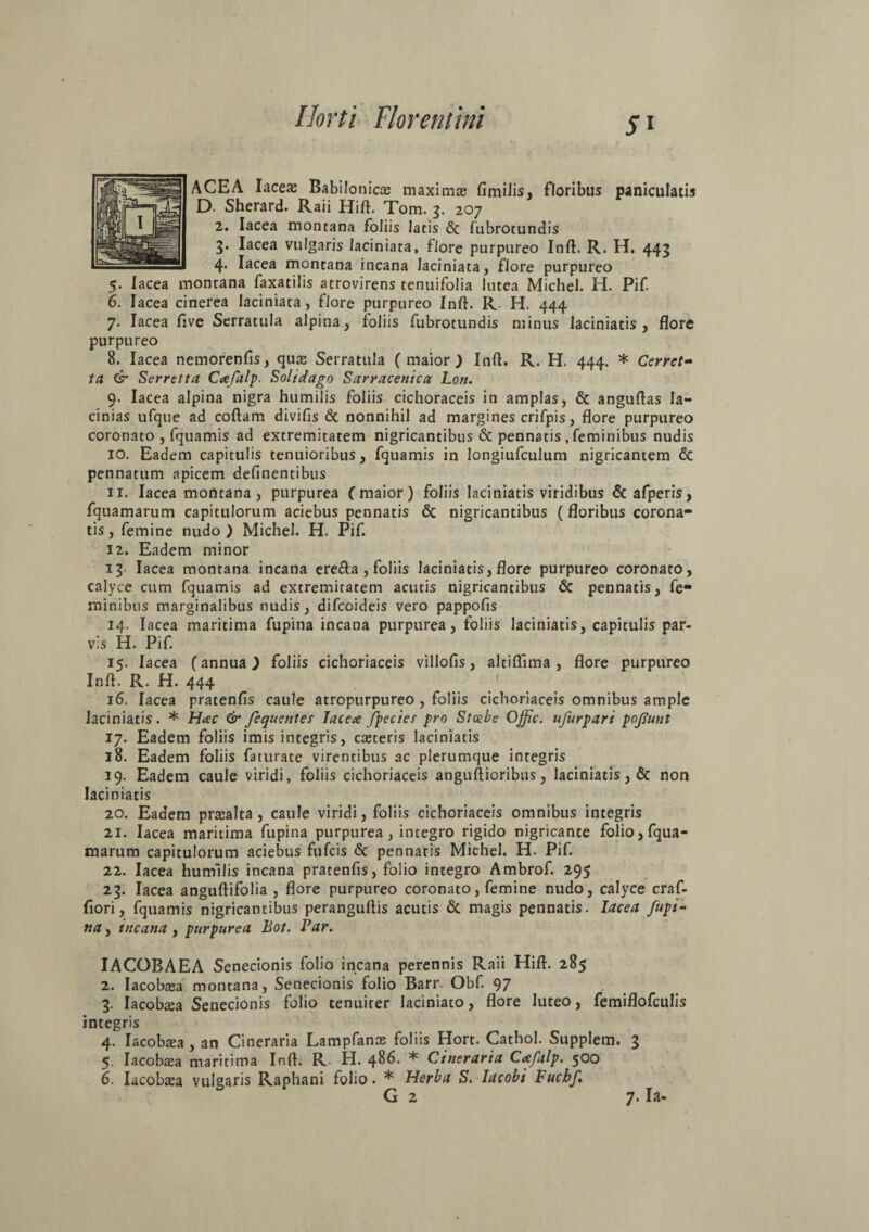 ACEA Iacex Babilonicce maximas fimilis, floribus paniculatis D. Sherard. Raii Hift. Tom. 3. 207 2. Iacea montana foliis latis & fubrotundis 3. Iacea vulgaris laciniara, flore purpureo Inft. R. H. 443 4. Iacea montana incana Jaciniata, flore purpureo 5. Iacea montana faxatilis atrovirens tenuifolia lutea Michel. H. Pif. 6. Iacea cinerea Jaciniata, flore purpureo Inft. R. H. 444 7. Iacea ftve Serratula alpina, foliis fubrotundis minus laciniatis , flore purpureo 8. Iacea nemorenfis, quas Serratula ( maior ) Inft. R. H. 444. * Cerret- ta & Serretta Cafalp. Solidago Sarracenica Lon. 9. Iacea alpina nigra humilis foliis cichoraceis in amplas, & anguftas la¬ cinias ufque ad coftam divifis & nonnihil ad margines crifpis, flore purpureo coronato , fquamis ad extremitatem nigricantibus & pennatis , feminibus nudis 10. Eadem capitulis tenuioribus, fquamis in longiufculum nigricantem & pennatum apicem delinentibus 11. Iacea montana, purpurea f maior) foliis laciniatis viridibus &afperis, fquamarum capitulorum aciebus pennatis & nigricantibus (floribus corona¬ tis , femine nudo ) Michel. H. Pif. 12. Eadem minor 13 Iacea montana incana ere&a, foliis laciniatis, flore purpureo coronato, calyce cum fquamis ad extremitatem acutis nigricantibus & pennatis, fe¬ minibus marginalibus nudis, difeoideis vero pappofis 14. Iacea maritima fupina incana purpurea, foliis laciniatis, capitulis par¬ vis H. Pif. 15. Iacea (annua.) foliis cichoriaceis villofis, altiflima , flore purpureo Inft. R. H. 444 16. Iacea pratenfls caule atropurpureo , foliis cichoriaceis omnibus ample laciniatis. * Hac & fequentes Iacea fpecies pro Stcebe Ojfic. ufurpari poJJunt 17. Eadem foliis imis integris, caeteris laciniatis 18. Eadem foliis faturate virentibus ac plerumque integris 19. Eadem caule viridi, foliis cichoriaceis anguftioribus, laciniatis, & non laciniatis 20. Eadem praealta , caule viridi, foliis cichoriaceis omnibus integris 21. Iacea maritima fupina purpurea, integro rigido nigricante folio, fqua¬ marum capitulorum aciebus fufeis & pennatis Michel. H. Pif. 22. Iacea humilis incana pratenfis, folio integro Ambrof. 295 23. Iacea anguftifolia , flore purpureo coronato, femine nudo, calyce craf- fiori, fquamis nigricantibus peranguftis acutis & magis pennatis. Iacea fupi¬ na , incana, purpurea Bot. Far. IACOBAEA Senecionis folio incana perennis Raii Hift. 285 2. Iacobasa montana, Senecionis folio Barr. Obf. 97 3. Iacobaea Senecionis folio tenuiter laciniato, flore luteo, femiflofculis integris 4. Iacobaea , an Cineraria Lampfanoe foliis Hort. Cathol. Supplem. 3 5. Iacobasa maritima Inft. R. H. 486. * Cineraria Cafalp. 500 6. Iacobsea vulgaris Raphani folio. * Herba S. lacobi Fuchf G 2 7. Ia-