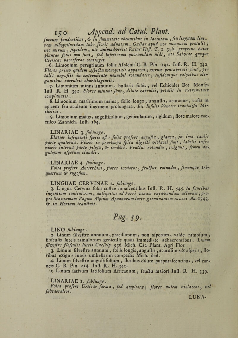 fuccum fundentibus , & in fummitate abeuntibus in laciniam yfiu Unguam line* rem albopelluctdam tubo floris adnatam . Gallas apud nos numquam protulit ; nec mirum , Jiquidem , uti animadvertit Raius Hift. T. 1. 396. proprius huius plantae fetus non funtfed Infedorum quorumdam nidi y uti Salviae quoque Creticae bacciferae contingit. 6. Limonium peregrinum foliis Afplenii C. B. Pin. 192. Inft. R. H. 342. Flores primo quidem afpeffu monopetali apparent ; verum pentapetalt funt, pe¬ talis anguflis in extremitate nonnihil rotundatis , injidentque calycibus ele- gantibus caeruleis chartilaginets. 7. Limonium minus annuum, bullatis foliis, vel Echioides Bot. Monfp. Inft. R H. 342. Flores minimi funt, dilute caerulei, petalis in extremitate complanatis . 8. Limonium maritimum maius, folio longo, angufto, acutoque, colla in apicem feu aculeum inermem prolongata. Ex Infulis Venetis tranfmifit Mi- chelius. 9. Limonium maius, anguflifolium , geniculatum , rigidum , flore maiore cae¬ ruleo Zannich. Inft. 164. LINARIAE 3.fubiunge. Elatior infequenti fpecie eft ; folia profert augufta , glauca, /'« ima caulis parte quaterna . Flores in praelonga fpica digefit violacei funt , labelli infe¬ rioris interna parte pilofa)& inodori. F rudus rotundus , exiguus , femen an- gulofum afperum claudit. LINARIAE 4. fubiunge. Folia profert Antirrhtni, flores inodoros, frufius rotundos, femenque tri¬ quetrum & rugofum. LINGUAE CERVINAE 2. fubiunge. 3. Lingua Cervina foliis collae innafcentibus Inft. R. H. 545. In faucibus ingentium cuniculorum , antiquitus ad Ferri venam excavandam adorum , pro- pre Stazzemam Pagum Alpium Apuanarum laete germinantem inveni An. 1743* & in Hortum tranUuli. Pag. S9■ LINO fubiunge . 2. Linum filveftre annuum, gracillimum, non afperum, valde ramofum , flofculis luteis ramulorum geniculis quali 'immediate adhaerentibus. Linum filveftre flofculis luteis Caefalp. 536. Mich. Cat. Piant. Agri Flor. . 3. Linum filveftre annuum , foliis longis,anguftis, acuciflimis&afperis, flo¬ ribus exiguis luteis umbellatim compa&is Mich. ibid. 4. Linum filveftre anguftifolium , floribus dilute purpurafcentibus, vel car¬ neis C. B. Pin. 214. Inft. R. H. 340. •5. Linum fativum latifolium Africanum, fruftu maiori Inft. R. H. 339. LINARIAE i. fubiunge. Folia profert Urticae forma, fed ampliora ,* flores autem violaceos, vel fubcaeruleos. LUNA-