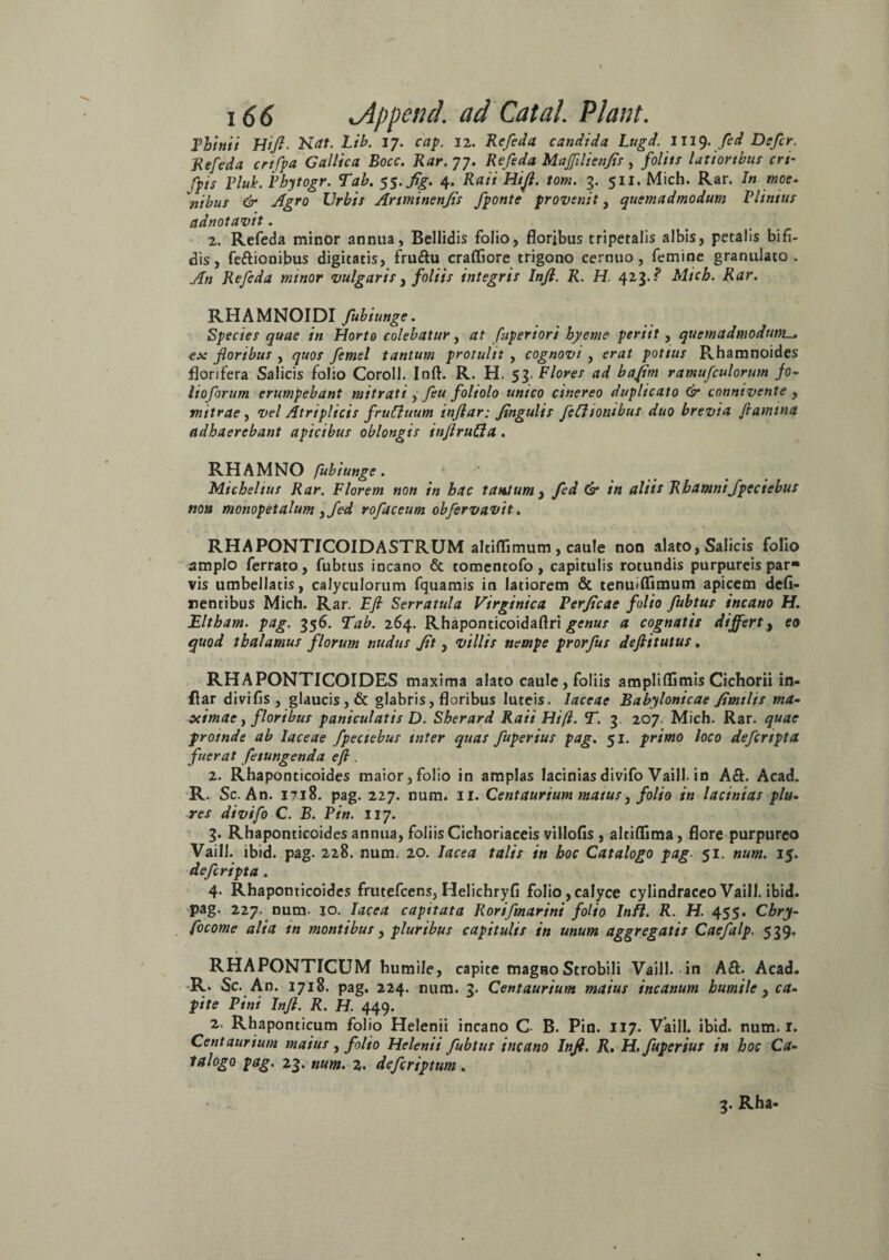 Thinii Hifl. Nat. Lib. 17. cap. 12. Refeda candida Lugd. ITI9.fed Defer. Refeda crtfpa Gallica Bocc. Rar.yj. Refeda MaJfllienfis, folits latioribus cri- fpis Pluk. Phytogr. Tab. 55.fig. 4. Raii Hift. toni. 3. 511. Mich. Rar. In moe¬ nibus & Agro Urbis Ariminenfis /ponte provenit , quemadmodum Plinius adnotavit. 2. Refeda minor annua, Bellidis folio, floribus tripetalis albis, petalis bifi¬ dis, fe&iooibus digitatis, fru&u crafliore trigono cernuo, femine granulato . An Refeda minor vulgaris /foliis integris Inft. R. H. 423.? Mtcb. Rar. RHAMNOIDI fubiunge. Species quae in Horto colebatur, at fuperiori hyeme periit, quemadmodum^ ex floribus , quos femel tantum protulit , cognovi , erat potius P^haranoides florifera Salicis folio Coroll. Inft. R. H. 53. Flores ad bafim ramufculorum fo~ Itoforum erumpebant mitrati, feu foliolo unico emereo duplicato & connivente , mitrae, vel Atriplicis fruttuum inflar: fingulis feChotubus duo brevia flamina adhaerebant apicibus oblongis inflrufla. RHAMNO fubiunge. Michelius Rar. Florem non in hac tantum y fed & in aliis RhamniJpeciebus non monopetalum y fed rofaceum obfervavit. RHAPONTICOIDASTRUM altiffimum , caule non alato, Salicis folio amplo ferrato, fubtus incano & tomentofo, capitulis rotundis purpureis par» vis umbellatis, calyculorum fquamis in latiorem & tenuiflimum apicem defl¬ uentibus Mich. Rar. Eft Serratula Virginica Perficae folio fubtus incano H. Eltham. pag. 356. Tab. 264. Rhaponticoidaftri genus a cognatis differty eo quod thalamus florum nudus fit , villis nempe prorfus deftitutus. RHAPONTICOIDES maxima alato caule, foliis ampliffimis Cichorii in¬ flar divifis , glaucis , & glabris, floribus luteis, laceae Babylonicae fimilis ma¬ ximae , floribus paniculatis D. Sherard Raii Hi [i. T. 3 207. Mich. Rar. quae proinde ab laceae fpectebus inter quas fuperius pag. 51. primo loco defcrtpta fuerat fetungenda efl. 2. Rhaponticoides maior, folio in amplas lacinias divifo VailJ. in A&. Acad. R. Sc. An. 17.18. pag. 227. num. 11. Centaurium matus, folio in lacinias plu- res divifo C. B. Pin. 117. 3. Rhaponticoides annua, foliis Cichoriaceis villofis, altiflima, flore purpureo Vaill. ibid. pag. 228. num. 20. Iacea talis in hoc Catalogo pag 51. num. 15. defer ipta . 4. Rhaponticoides frutefeens,Helichryfi folio,calyce cylindraceo Vaill. ibid. pag. 227. num- 10. Iacea capitata Rorifmarini folio Inft. R. H. 455. Chry- focome alia tn montibus, pluribus capitulis in unum aggregatis Caefalp. 539. RHAPONTICUM humile, capite magno Strobili Vaill. in A£t. Acad. 'R. Sc. An. 1718. pag. 224. num. 3. Centaurium maius incanum humile y ca¬ pite Pini Infl. R. H. 449. 2. Rhaponticum folio Helenii incano C B. Pin. 117. Vaill. ibid. num. r. Centaurium maius , folio Helenii fubtus incano Inft. R. H. fuperius in hoc Ca¬ talogo pag. 23. num. 2. defcripttm . 3. Rha-