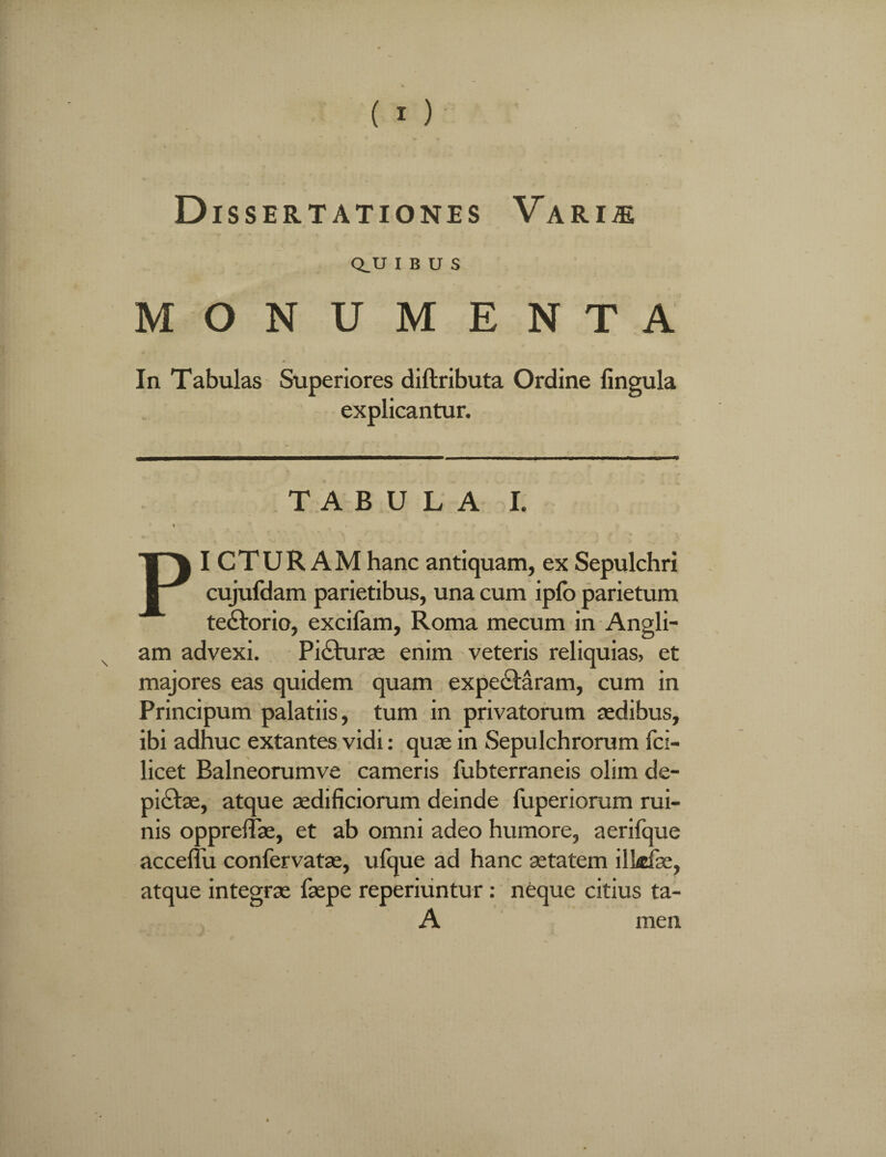 Dissertationes Variae Q_U IBUS MONUMENTA In Tabulas Superiores diftributa Ordine lingula explicantur. TABULA I. \ PICTURAM hanc antiquam, ex Sepulchri cujufdam parietibus, una cum ipfo parietum te£torio, excifam, Roma mecum in Angli- am advexi. Pi£turae enim veteris reliquias, et majores eas quidem quam expe&aram, cum in Principum palatiis, tum in privatorum aedibus, ibi adhuc extantes vidi: quae in Sepulchrorum fci- licet Balneorumve cameris fubterraneis olim de¬ pictae, atque aedificiorum deinde luperiorum rui¬ nis opprefiae, et ab omni adeo humore, aerifque acceffu confervatae, ufque ad hanc aetatem i 1 udae, atque integrae faepe reperiuntur: neque citius ta- A men