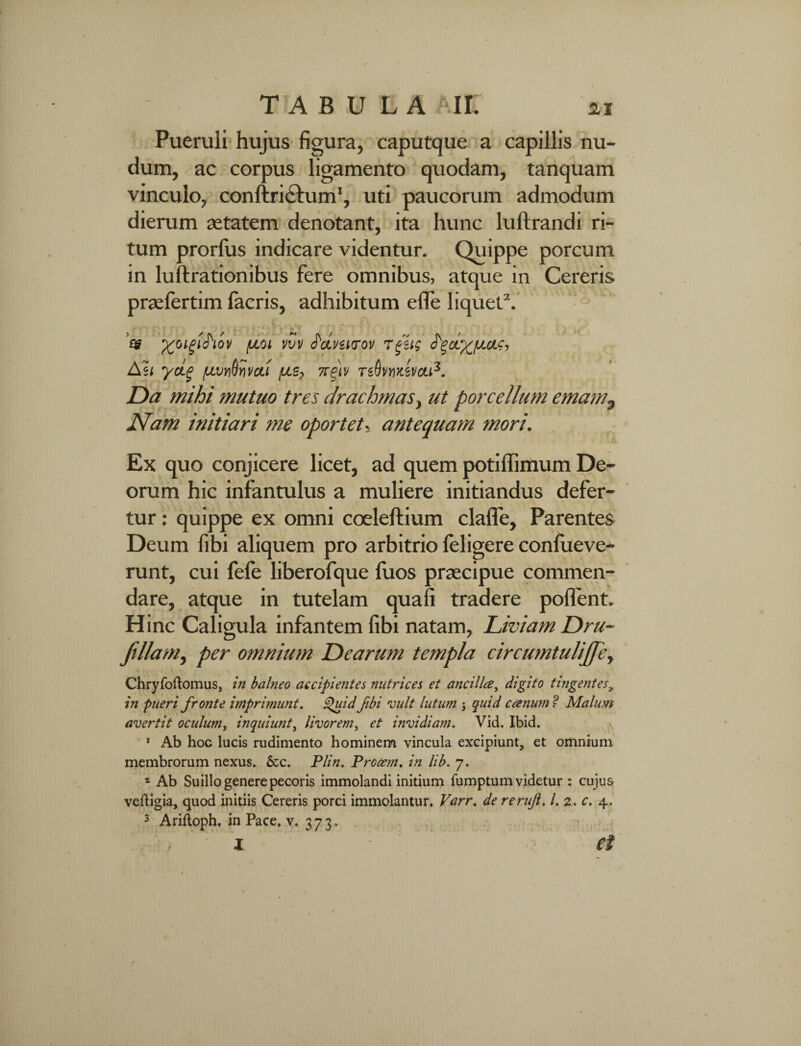 Pueruli hujus figura, caputque a capillis nu¬ dum, ac corpus ligamento quodam, tanquam vinculo, conftri&um1, uti paucorum admodum dierum aetatem denotant, ita hunc luftrandi ri¬ tum prorfus indicare videntur. Quippe porcum in luftrationibus fere omnibus, atque in Cereris praefertim lacris, adhibitum efle liquet2. . ^ ^ ^ j#> e$ f.coi vvv tctvuirov rftt; Aii ycte [Myljr)VC/J fJLS, 7TPIV TsQmKiPM3. Da mihi mutuo tres drachmas, ut porcellum emam9 Nam initiari me oportet, antequam mori. Ex quo conjicere licet, ad quem potiffimum De¬ orum hic infantulus a muliere initiandus defer¬ tur : quippe ex omni coeleftium claffe. Parentes Deum libi aliquem pro arbitrio leligere conlueve- runt, cui fefe liberofque luos praecipue commen¬ dare, atque in tutelam quali tradere pollent. Hinc Caligula infantem libi natam, Liviam Dru- ftllam, per omnium Dearum templa circumtulijjey Chryfoftomus, in balneo accipientes nutrices et ancilla, digito tingentesv in pueri fronte imprimunt. ^uid fibi vult lutum j quid canum f Malum avertit oculum, inquiunt, livorem, et invidiam. Vid. Ibid. 1 Ab hoc lucis rudimento hominem vincula excipiunt, et omnium membrorum nexus. Scc. Plin. Procem. in lib. 7. 1 Ab Suillo genere pecoris immolandi initium fumptum videtur : cujus vefligia, quod initiis Cereris porci immolantur. Varr. de rerujl. 1.2. c. 4.