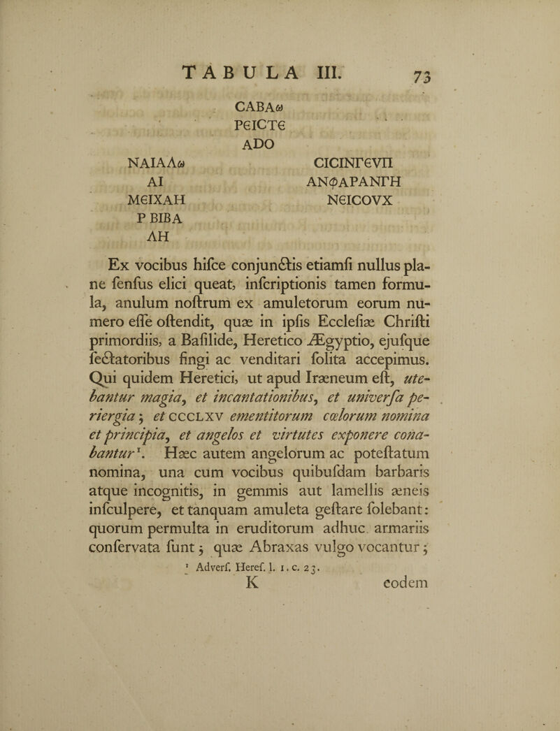 CABA&t P6ICT6 ado naiaa« ciciNrevn AI AN<pAPANrH M6IXAH N6ICOVX PBIBA AH Ex vocibus hifce conjun&is etiamfi nullus pla¬ ne fenius elici queat, infcriptionis tamen formu¬ la, anulum noftrum ex amuletorum eorum nu¬ mero efle oftendit, quas in ipfis Ecclefiae Chrifti primordiis, a Bafilide, Heretico Aegyptio, ejufque fellatoribus fingi ac venditari folita accepimus. Qui quidem Heretici, ut apud Iraeneum eft, ute¬ bantur magia, et incantationibus, et univerfa pe- riergia ; et ccclxv ementitorum cadorum nomina et principia, et angelos et virtutes exponere cona¬ bantur'1. Haec autem angelorum ac poteftatum nomina, una cum vocibus quibufdam barbaris atque incognitis, in gemmis aut lamellis aeneis inlculpere, et tanquam amuleta geftare folebant: quorum permulta in eruditorum adhuc, armariis confervata funt j quas Abraxas vulgo vocantur; 1 Adverf. Heref. 1. i.c. 23. IC eodem