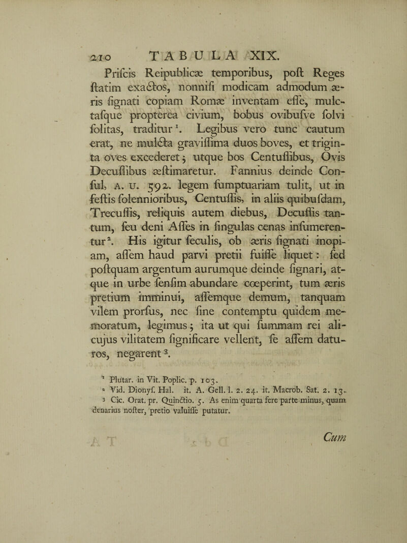Prifcis Reipublicae temporibus, poft Reges ftatim exa£tos, nonnili modicam admodum at¬ ris lignati copiam Romae inventam effe, mulc- tafque propterea civium, bobus ovibufve folvi folitas, traditurLegibus vero tunc cautum erat, ne mul£ta graviffima duos boves, et trigin¬ ta oves excederet $ utque bos Centuflibus, Ovis Decuffibus aeftimaretur. Fannius deinde Con- ful, A. u. 592. legem lumptuariam tulit, ut in feftis folennioribus, Centuffis, in aliis quibufdam, Trecuflis, reliquis autem diebus, Decuffis tan¬ tum, feu deni Affes in lingulas cenas infumeren- tur*. His igitur feculis, ob aeris lignati inopi¬ am, affem haud parvi pretii fuiffe liquet: fed poftquam argentum aurumque deinde lignari, at¬ que in urbe fenlim abundare coeperint, tum aeris pretium imminui, affemque demum, tanquam vilem prorfus, nec fine contemptu quidem me¬ moratum, legimus ; ita ut qui lummam rei ali- cujus vilitatem lignificare vellent, fe affem datu¬ ros, negarent3. 1 Plutar. in Vit. Poplic. p. 103» * Vid. Dionyf. Hal. it. A. Geli. 1. 2. 24. it. Macrob. Saf. 2. 1.3- 3 Cic. Orat. pr. Quindtio. 5. As enim quarta fere parte minus, quam denarius nofter, pretio valuifle putatur. Cum