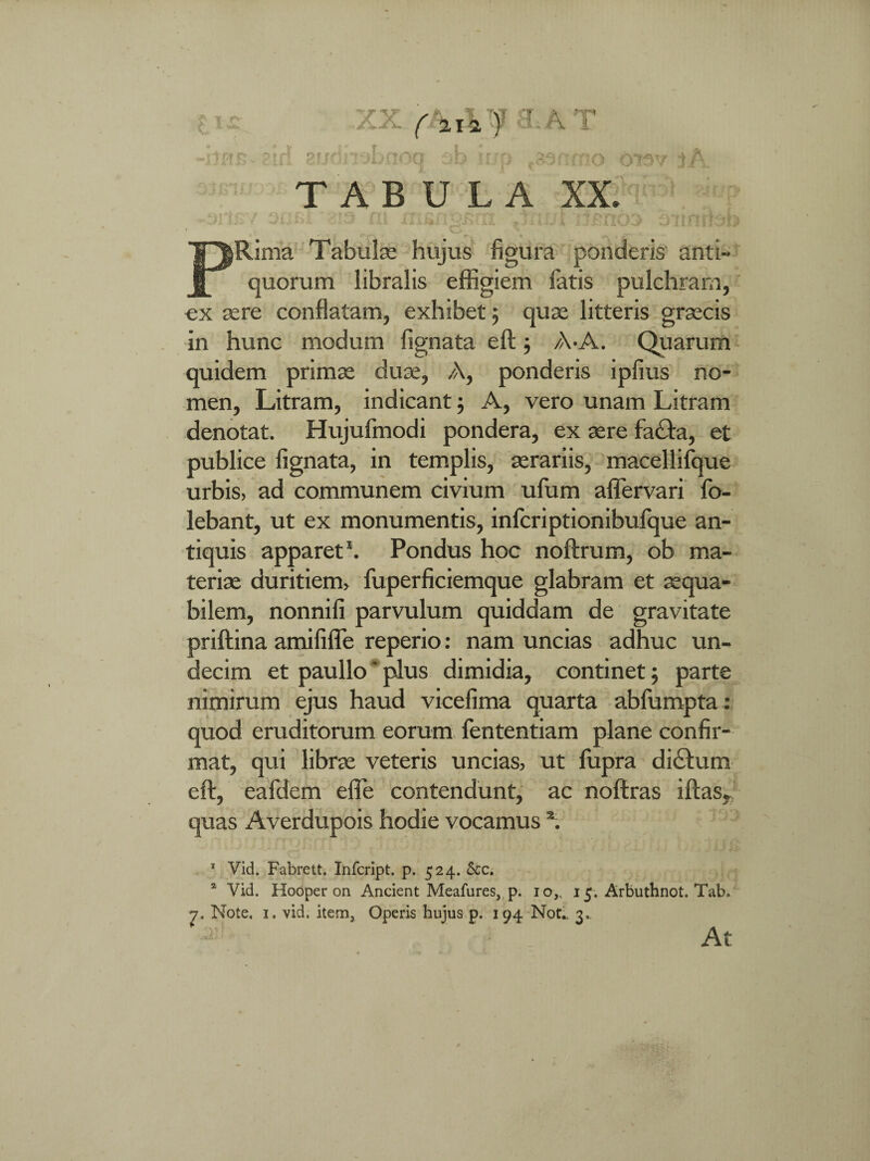 ZX/4A^a,AT • i r D n/D TABULA XX. *v'. < i - i xi - a il-a .<2 »’ ;.. a ’ n nc PRima Tabula hujus figura ponderis anti¬ quorum libralis effigiem fatis pulchram, ex sere conflatam, exhibet; quae litteris grsecis in hunc modum lignata eft; A*A. Quarum quidem primae duse, /\, ponderis ipfius no¬ men, Litram, indicant; A, vero unam Litram denotat. Hujufmodi pondera, ex aere fa£ta, et publice lignata, in templis, aerariis, macellifque urbis, ad communem civium ufum affervari fo- lebant, ut ex monumentis, infcriptionibufque an¬ tiquis apparet1. Pondus hoc noftrum, ob ma¬ teriae duritiem, fuperficiemque glabram et aequa¬ bilem, nonnifi parvulum quiddam de gravitate priftina amififle reperio: nam uncias adhuc un¬ decim et paullo' plus dimidia, continet; parte nimirum ejus haud vicefima quarta ablumpta: quod eruditorum eorum fententiam plane confir¬ mat, qui librae veteris uncias, ut fupra di&um eft, eafdem effe contendunt, ac noftras iftasy quas Averdupois hodie vocamus x Vid. Fabrett. Infcript. p. 524. &c. a Vid. Hooper on Ancient Meafures,, p. 10,, 15. Arbuthnot. Tab. 7. Note, 1. vid. item3 Operis hujus p. 194 NoL 3. At