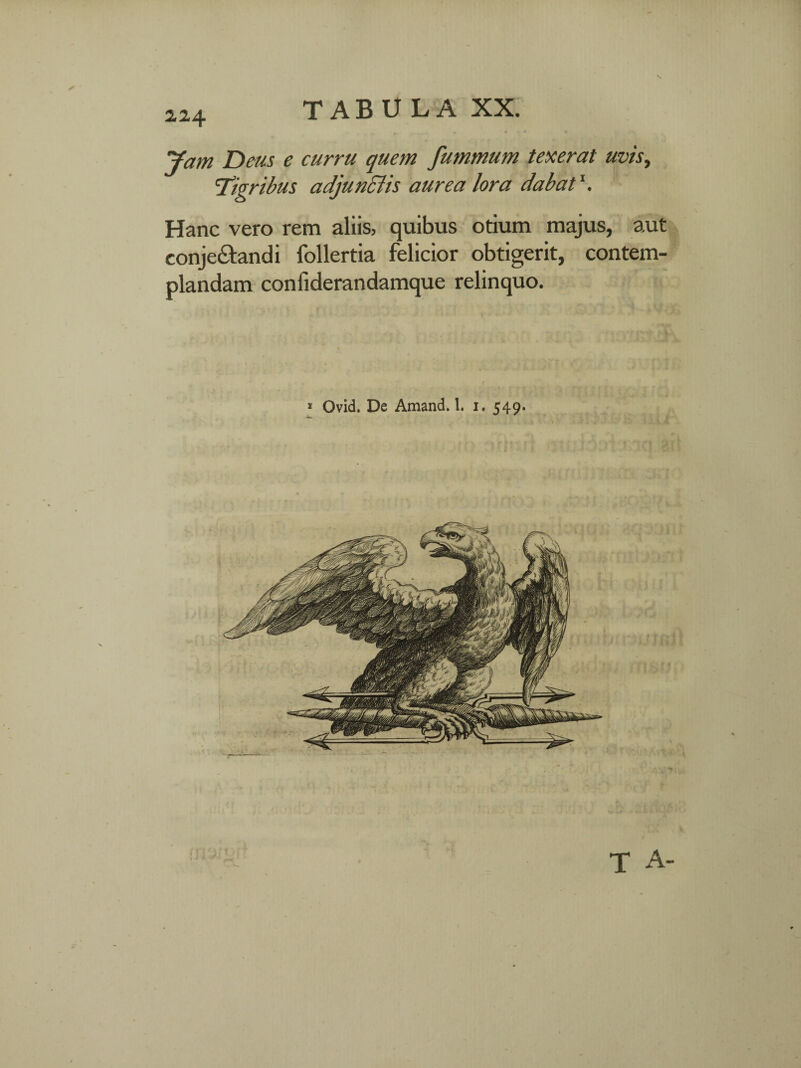\ iiij. TABULA XX. Jam Deus e curru quem fummum texerat uvis, 5Tigribus adjunclis aurea lora dabat \ Hanc vero rem aliis, quibus otium majus, aut conje&andi follertia felicior obtigerit, contem¬ plandam confiderandamque relinquo. E Ovid. De Amand. 1. i. 549. T A-