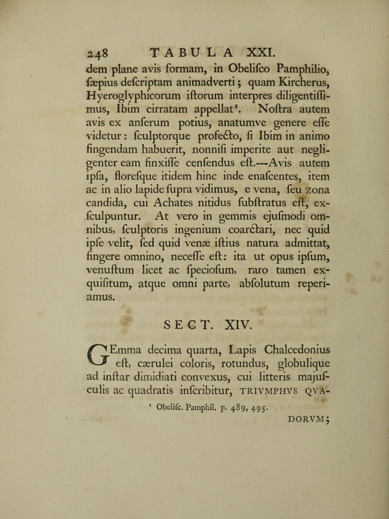 dem plane avis formam, in Obelifco Pamphilio, fsepius defcriptam animadverti; quam Kircherus, Hyeroglyphicorum iftorum interpres diligentiffi- mus, Ibim cirratam appellat1. Noftra autem avis ex anferum potius, anatumve genere efle videtur: fculptorque profe&o, fi Ibim in animo fingendam habuerit, nonnifi imperite aut negli- genter eam finxifle cenfendus eft.—Avis autem ipfa, florefque itidem hinc inde enafcentes, item ac in alio lapide fupra vidimus, e vena, feu zona candida, cui Achates nitidus fubftratus eft, ex- fculpuntur. At vero in gemmis ejufinodi om¬ nibus, fculptoris ingenium coanftari, nec quid ipie velit, fed quid venae iftius natura admittat, fingere omnino, necefle eft: ita ut opus ipfum, venuftum licet ac fpeciolum, raro tamen ex- quifitum, atque omni parte, abfolutum reperi- amus. S E C T. XIV. GEmma decima quarta, Lapis Chalcedonius eft, caerulei coloris, rotundus, globulique ad inftar dimidiati convexus, cui litteris majuf- culis ac quadratis infcribitur, trivmphvs qva- 1 Obelifc. Pamphil. p. 48 9, 495. . dorvm;