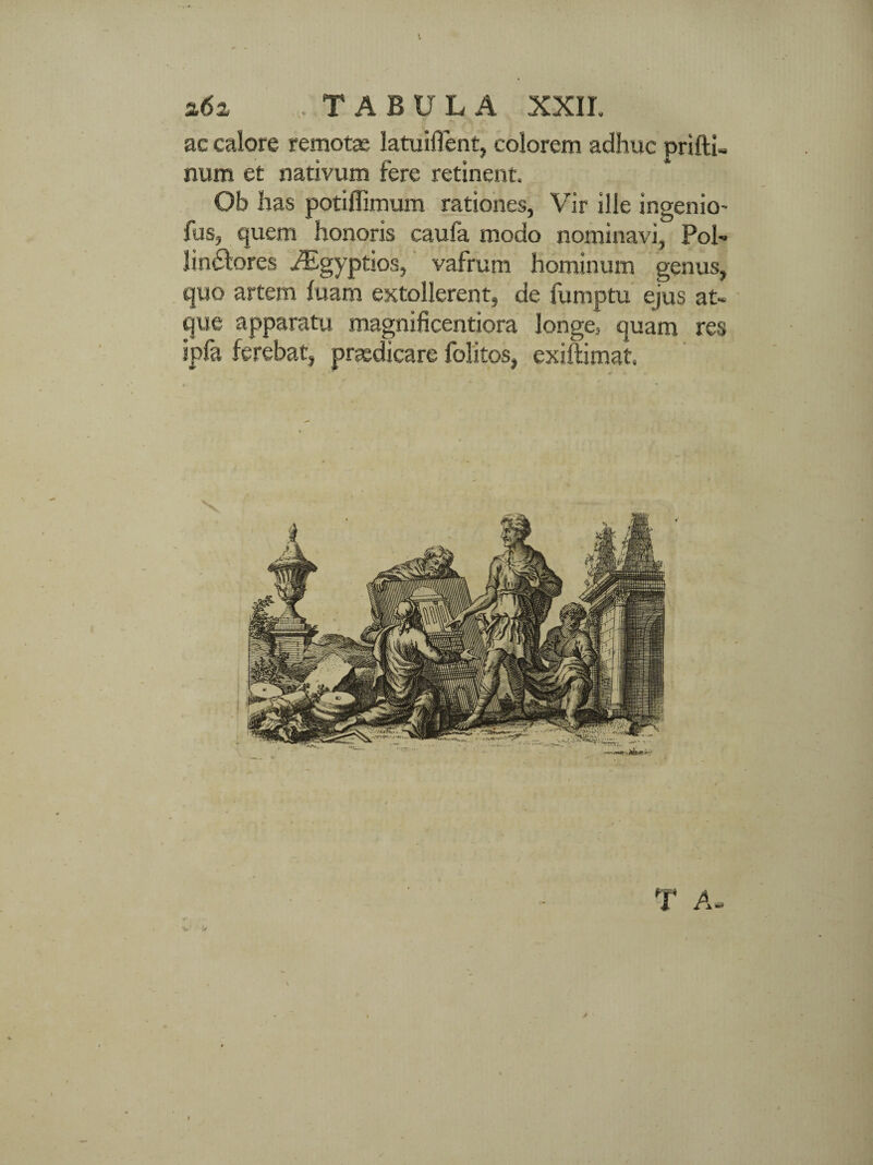 \ a 6z ..TABULA XXII. ac calore remota; latuifient, colorem adhuc prifti- num et nativum fere retinent. Ob has potiflimum rationes, Vir ille ingenio- fus, quem honoris caufa modo nominavi, Pol- Jin&ores iEgyptios, vafrum hominum genus, quo artem luam extollerent, de fumptu ejus at- que apparatu magnificentiora longe, quam res ipfa ferebat, praedicare folitos, exiftimat, T A- \ / V