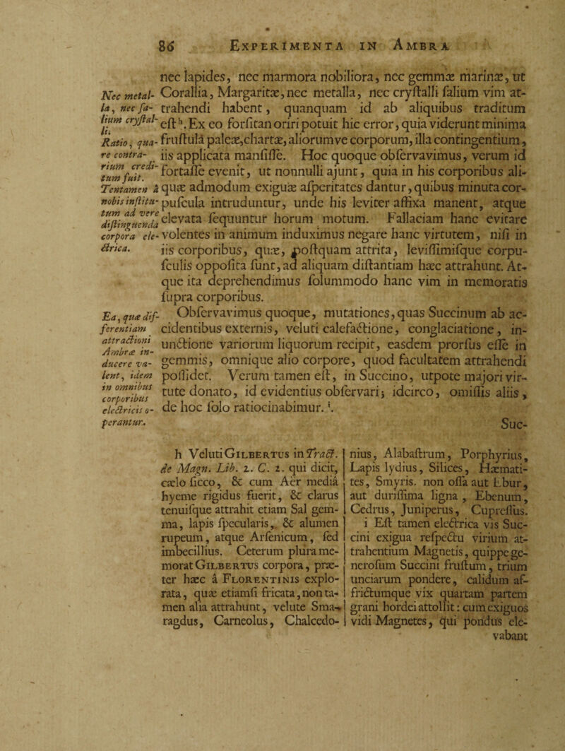 Nec metal- la, nec fa¬ ttura cryjìal- lh Ratio, qua¬ re contra¬ rium. credi¬ tum fuit. ‘Tentamen a nobis in(litu¬ tum ad vere dtjlingttenda corpora eie- Urica. Ea, qua dif¬ ferentiam attractioni Ambra in¬ ducere va¬ lent, idem in omnibus corporibus eledricis o- perantur. nec lapides, nec marmora nobiliora, nec gemmas marinas, ut Corallia, Margarita:,nec metalla, nec cryftalli falium vim at¬ trahendi habent, quanquam id ab aliquibus traditum efth.Ex eo forfiran oriri potuit hic error, quia viderunt minima fruftula pale#,chart£, aliorumve corporum, illa contingentium, iis applicata manfiffè. Hoc quoque obfervavimus, verum id fortaffè evenit, ut nonnulli ajunt, quia in his corporibus ali- quie admodum exiguse afperitates dantur,quibus minutacor- pufcula intruduntur, unde his leviter affixa manent, atque elevata fequuntur horum motum. Fallaciam hanc evitare volentes in animum induximus negare hanc virtutem, nifi in iis corporibus, qux, jpoftquarti attrita, Jevifilmifque corpu- fculis oppofita funt,ad aliquam diftantiam haec attrahunt. At¬ que ita deprehendimus fcilummodo hanc vim in memoratis fupra corporibus. Obfervavimus quoque, mutationes,quas Succinum ab ac¬ cidentibus externis, veluti calefazione, conglaciatione, in¬ unctione variorum liquorum recipit, easdem prorlus elle in gemmis, omnique alio corpore, quod facultatem attrahendi polfidet. Verum tamen efi, in Succino, utpote majori vir¬ tute donato, id evidentius oblervarij idcirco, omiffis aliis , de hoc folo ratiocinabimur.5. Suc- h VelutiGilbertus in Tradi, de Magn. Lib. z. C. i. qui dicit, cacio ficco, 8e cum Aer medià hyeme rigidus fuerit, & clarus tcnuifque attrahit etiam Sal gem¬ ma, lapis fpecularis, & alumen rupeum , atque Arfenicum, fed imbecillius. Ceterum pliira me¬ morat Gilbertus corpora, prae¬ ter haec à Florentinis explo¬ rata , quae etiamfi fricata, non ta¬ men alia attrahunt, velute Sma-* ragdus, Carneolus, Chalcedo- nius, Alabaftrum, Porphyrius, Lapis lydius, Silices, Haemati- tes, Smyris. non offa aut Lbur, aut d uri filma ligna , Ebenum, Cedrus, Juniperus, Cuprcfius. i Eft tamen eleóìrrica vis Suc¬ cini exigua refpcctu virium at¬ trahentium Magnetis, quippege- nerofum Succini fruftum, trium unciarum pondere, calidum af- fnchimque vix quartam partem grani hordei attollit: cum exiguos vidi Magnetes, qui pondus ele¬ vabant