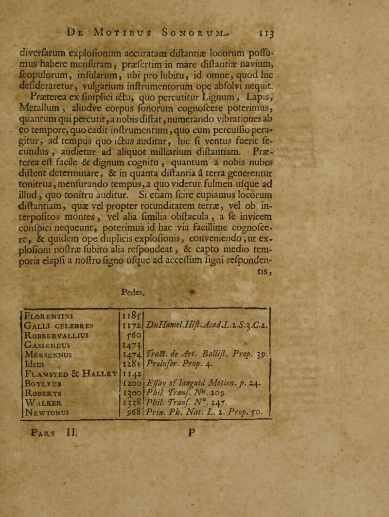 De Motibus Sonorum,- i 13 diverfarum exploftonum accuratam dittanti# locorum pottu- mus habere menfuram, pr#fertim in mare dittanti# navium, fcopulorum, infularum, ubi pro lubitu, id omne, quod hic defideraretur, vulgarium inftrumentorum ope abfolvi nequit, Pr#terea ex ttmplici i&u, quo percutitur Lignum, Lapis, Metallum , aliudve corpus fonorum cognofcere poterimus, quantum qui percutit, a nobis diftat, numerando vibrationes ab eo tempore, quo cadit inftrumentum, quo cum percuttlo pera¬ gitur, ad tempus quo i6tus auditur, hic fi ventus fuerit fe¬ cundus , audietur ad aliquot milliarium diftantiam. Pr#« terea eft facile & dignum cognitu , quantum a nobis nubes diftent determinare, & in quanta diftantia à terra generentur tonitrua, menfurando tempus, a quo videtur fulmen ufque ad illud, quo tonitru auditur. Si etiam fcire cupiamus locorum diftantiam, qu# vel propter rotunditatem terr#, vel ob in- terpofitos montes, vel alia Umilia obftacula, a fe invicem confpici nequeunt, poterimus id hac via facillime cognofce¬ re, & quidem ope duplicis explottonis, conveniendo,ut ex- plofioni noftr# fubito alia refpondeat, & capto medio tem¬ poris elapfi a noftrofigno ufque ad accettimi figni refponden- tis, Pedes, * J Florentini 1 Galli celebres n8f 1172 DuHamel.Hift.Accd.L.z.S .3.C.2. Robbervallius ftfo Gassendus *47$ Mersennus *474 ’TraU. de Art. Ballift, Prop. 39. Idem 1281 Prolufor. Prop. 4. Flamsted & HalLEY Boyleus 1142 1200 EJfay of languìcl Motion. p. 24. Robert s 1300 Pbii Tranf. N°. 109. Walker 1338 Phil. Eranf. N°. 247. NewtonUs 9601 Prin. Ph. Nat. L. 2. Prop, fo.