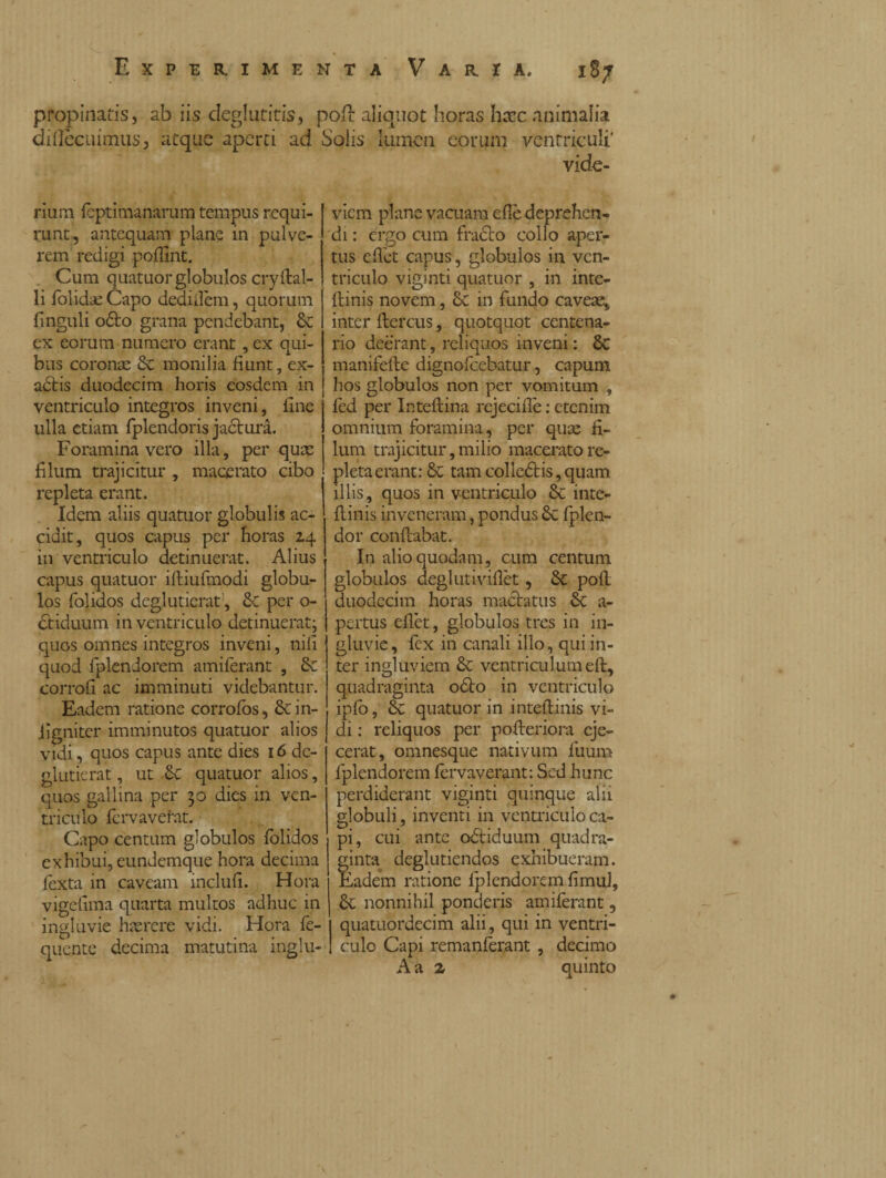 propinatis, ab iis cleglutitis, pofl aliquot horas bare animalia diflèeuimus, atque aperti ad Solis lumen eorum ventriculi' vide- rium feptimanarum tempus requi¬ runt, antequam plane in pulve¬ rem redigi poffint. Cum quatuor globulos cryftal- li folidae Capo dediilèm, quorum finguli odio grana pendebant, & ex eorum numero erant ,ex qui¬ bus coronae & monilia fiunt, ex¬ actis duodecim horis eosdem in ventriculo integros inveni, fine ulla etiam fplendoris jadtura. Foramina vero illa, per quae filum trajicitur , macerato cibo repleta erant. Idem aliis quatuor globulis ac¬ cidit, quos capus per horas 24 in ventriculo detinuerat. Alius capus quatuor ifliufmodi globu¬ los folidos deglutierat , & per o- £tiduum in ventriculo detinuerat; quos omnes integros inveni, nifi quod fplendorem amiferant , &c corrofi ac imminuti videbantur. Eadem ratione corrofos, & in- ligniter imminutos quatuor alios vidi, quos capus ante dies 16 de- glutierat, ut & quatuor alios, quos gallina per 50 dies in ven¬ triculo ferva verat. Capo centum globulos folidos exhibui, eundemque hora decima fexta in caveam inclufi. Hora vigefima quarta multos adhuc in ingluvie haerere vidi. Hora fe- quente decima matutina inglu¬ viem plane vacuam cfie deprehen¬ di : ergo cum fracco collo aper¬ tus e fiet capus, globulos in ven¬ triculo viginti quatuor , in inte- fiinis novem, in fundo caveae, inter ftercus, quotquot centena¬ rio deerant, reliquos inveni : 8c manifefie dignofeebatur, capum hos globulos non per vomitum , led per Inteftina rejecifiè : etenim omnium foramina, per quae fi¬ lum trajicitur, milio macerato re¬ pleta erant: & tam colledtis, quam illis, quos in ventriculo & inte- fiinis inveneram, pondus Sc fplen- dor conflabat. In alio quodam, cum centum globulos deglutivifièt, pofl duodecim horas mactatus a- pertus efiet, globulos tres in in¬ gluvie, fex in canali illo, qui in¬ ter ingluviem Sc ventriculumdl, quadraginta odio in ventriculo ipfo, & quatuor in i nteftinis vi¬ di : reliquos per pofteriora eje¬ cerat, omnesque nativum fuum fplendorem fervaverant: Sed hunc perdiderant viginti quinque alii globuli, inventi in ventriculo ca¬ pi, cui ante oétiduum quadra¬ ginta deglutiendos exhibueram. Eadem ratione fplendorem fimul, nonnihil ponderis amiferant, quatuordecim alii, qui in ventri¬ culo Capi remanferant , decimo A a 2 quinto