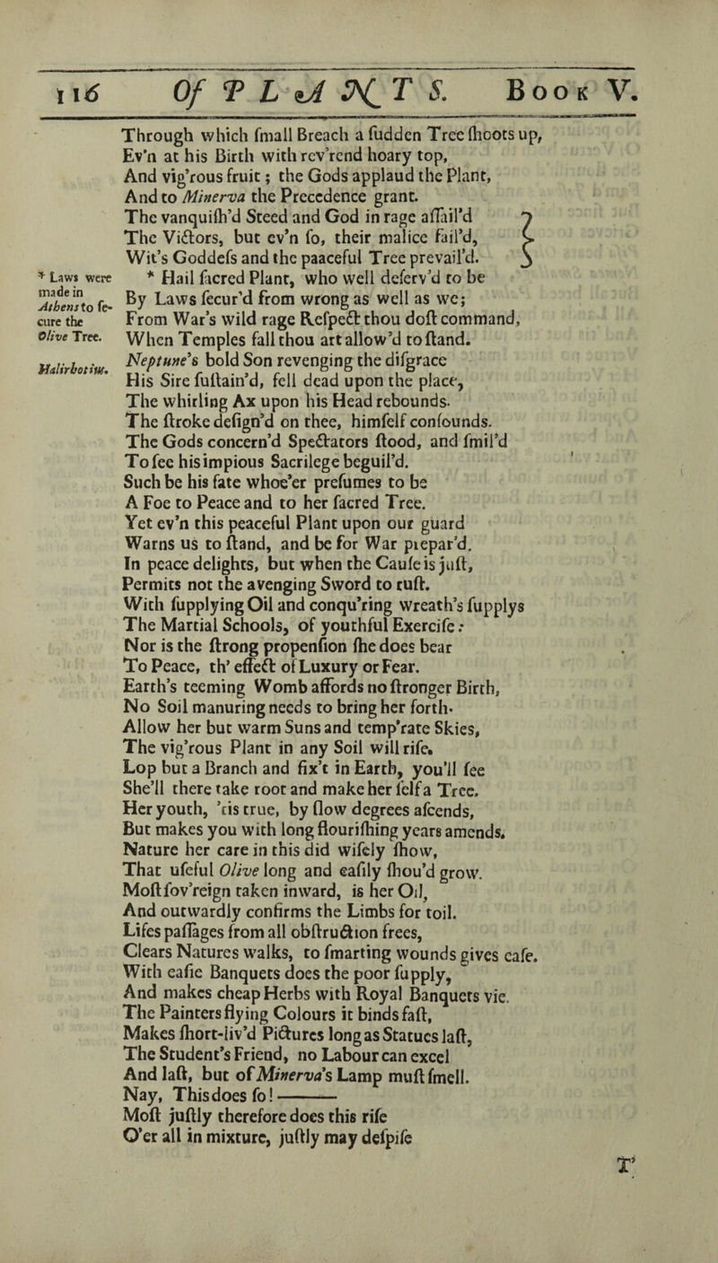 \i6 Of T L iJ H.T' Book V. ^ Law$ were made in Athens to fe- cure the Olive Tree. Halirhotiw, Through which fmall Breach a fudden Trecfliootsup, Ev*n at his Birth with rcv’rcnd hoary top, And vig’rous fruit; the Gods applaud the Plant, And to Minerva the Precedence grant. The vanquifh’d Steed and God in rage affaird O The Victors, but cv’n fo, their malice fail’d, C Wit’s Goddefs and the paaceful Tree prevail’d. 3 Hail ficred Plant, who well deferv’d to be By Laws fecur’d from wrong as well as we; From War’s wild rage Refpefbthou doft command. When Temples fall thou art allow’d toftand. Neptune^s bold Son revenging the difgrace His Sire fultain’d, fell dead upon the place, The whirling Ax upon his Head rebounds. The ftroke defign’d on thee, himfeif confounds. The Gods concern’d SpedVators flood, and fmil’d To fee his impious Sacrilege beguil’d. Such be his fate whoe’er prefumes to be A Foe to Peace and to her facred Tree. Yet ev’n this peaceful Plant upon our guard Warns us to fland, and be for War prepar’d. In peace delights, but when the Caufe is juft. Permits not the avenging Sword to tuft. With fupplyingOil and conqu’ring wreath’s fupplys The Martial Schools, of youthful Exercife .• Nor is the ftrong propenfion (he does bear To Peace, th’ effeft of Luxury or Fear. Earth’s teeming Womb affords no ftronger Birth, No Soil manuring needs to bring her forth* Allow her but warm Suns and temp’rate Skies, The vig’rous Plant in any Soil will rife. Lop but a Branch and fix’t in Earth, you’ll fee She’ll there take root and make her felf a Tree. Her youth, ’cis true, by flow degrees afeends. But makes you with long flourifbing years amends. Nature her care in this did wifely fhow. That ufeful Olive long and eafily fliou’d grow. Moftfov’reign taken inward, is her Oil, And outwardly confirms the Limbs for toil. Lifes paftages from all obftrudion frees, Clears Natures walks, to fmarting wounds gives cafe. With eafie Banquets does the poor fupply, And makes cheap Herbs with Royal Banquets vie. The Painters flying Colours it binds faft. Makes fhort-liv’d Pidurcs long as Statues laft, The Student’s Friend, no Labour can excel And laft, but of Minerva s Lamp mufl fmell. Nay, This does fo!-- Moft juftly therefore does this rife O’er all in mixture, juftly may defpife