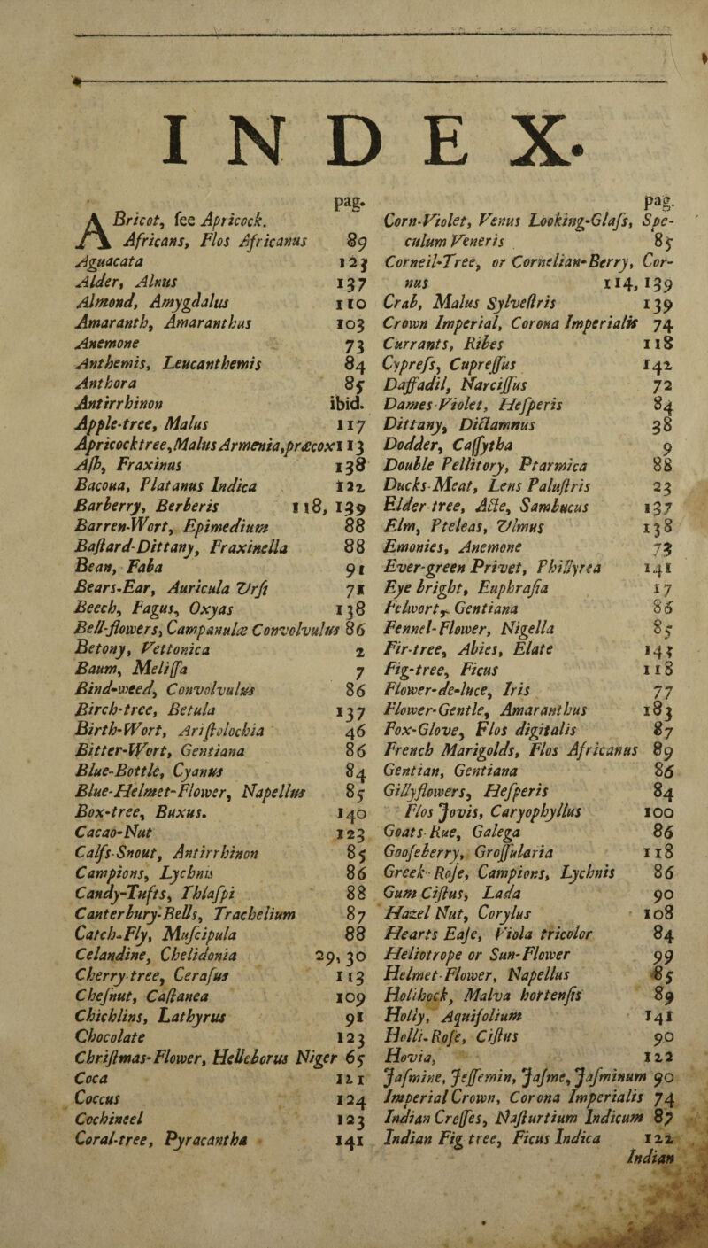 INDEX. Pag* ABrkot, fee Apriccck. Africans, Flos Africanus 89 Aguacata 12 j Alder, Alnus 13 7 Almond, Amygdalus no Amaranth, Amaranthus 103 Anemone 73 Anthemis, Leucanthemis 84 Anthora Antirrhinon ibid. Apple-tree, Malus 117 Aprieocktree,DialusArmenia,pr£cox\ 13 Afh, Fraxintts 138 Bacoua, Plat anus Indka l2x Barberry, Berber is n8, 139 Barren-Wort, Epimedium 88 Baflard-Dittany, Fraxinella 88 Bean, Faba 91 Bears-Ear, Auricula Vrfi 71 Beech, Fagus, Oxyas 138 Bell-flowers, Campanulat Convolvulffs 86 Be tony, Vet tonic a 2 Baum, Meliffa 7 Bind^meed, Convolvulus 86 Birch’tree. Be tula 137 Birth-Wort, Anflolochia 46 Bitter-W’^rt, Gentiana 8 6 Blue-Bottle, Cyanus 84 Blue-Helmet-Flower, Napellus 85' Box-tree, Buxus. 140 Cacao-Nut 123 Calfs-Snout, Antirrhinon 85 Campions, Lychnis 8 6 Candy-Tufts, Thiafpi 88 Canterbury-Bells, Trachelium 87 CatcluFly, Mttfcipula 88 Celandine, Chelidonia 29, 30 Cherry tree, Cerafus 113 Chefnut, Caflanea 109 Chichlins, Lathyrus 91 Chocolate 12 3 Chriflmas-Flower, Helleborm Niger 65 Coca III Coccus 124 Cochine el 123 Coral-tree, Pyracantha 141 pag- Corn-Violet, Venus Looking-Glafs, Spe¬ culum Veneris 85: Corneil-Tree, or Cornelian-Berry, Cor- nus 114,139 Crab, Malus Sylvedris 139 Crown Imperial, Corona Imperialis 74 Currants, Ribes 118 Cyprefs^ Cuprejfus 142 Daffadil, Narcijfus 72 Dames Violet, Hefperis 84 Dittany, DiHamnus 38 Dodder, Caffytba 9 Double Pellitory, Ptarmica 88 Ducks-Meat, Lens Paluftris 23 Elder-tree, Alie, Sambucus 137 Elm, Pteleas, Vlmus 138 Emonies, Anemone 73 Ever-green Privet, Phillyrea 141 Eye bright, Euphrafla s 7 Felwort^ Gentiana 8 6 Fennel- Flower, Nigella 8 5^ Fir-tree, Abies, Elate 143 Fig-tree, Ficus 118 Flower-de-luce, Iris 77 Flower- Gentle, Amaranl hus 183 Fox-Glove^ Flos digitalis 87 French Marigolds, Flos Africanus 89 Gentian, Gentiana 85 Gillyflowers-i Hefperis 84 Flos Jovis, Caryophyllus 100 Goats Rue, Galega 86 Goofeberry, Grojfularia 118 Greek-' Roje, Campions, Lychnis 86 Gum Ciflus, Ladfi 90 Hazel Nut, Corylus 108 Hearts Eaje, p'iola tricolor 84 Heliotrope or Sun-Flower 99 Helmet-Flower, Napellus ^5* Holihock, Malva hortenfis 89 Holly, Aquifolium I4I Holiupofe, Ciflus 90 Hovia, Ii2 Jafmine, Jeffemin, JaJme, Jafminum 90 Imperial Crown, Corona Imperialis 74 Indian Creffes, Nafturtium Indicum 87 Indian Fig tree. Ficus Indie a I2x Indian