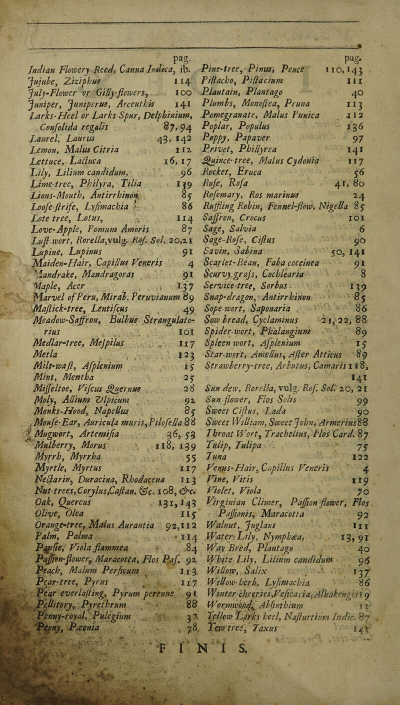 pag- Indian Flowery Rsed, Canna Indka^ ib. Pine-tree^ PiniUt Peace Jujuh, Ziziphus 114 PHiacho^ Piflacittm Julj’Flower or Qilly-flowers^ 100 PlantaWt Plant ago juniper. Juniperue, Arceuthis 141 Plumbs^ MonofteUy Pruna Larks-Heel or Larks Spur, Delphinium, Pomegranate, Malus Funica pag. 110,143 III Confolida regalis Laurel, Laurus Lemon, Malus Citria Lettuce, Lalluca Lily, Liltum candidum. Lime-tree, Philyra, Tilia Lions-Mouth, Antirrhinon, Loofe-ftrife, Lyfmachia ■>., Lote tree, Lotus, Love-Apple, Pomum Amoris 87, 94 Poplar, Pop ulus 45, 142 Poppy, Papaver 11 z Privet, Phillyrea 1*5,17 Quince-tree, Malus Cydonia 96 Rocket, Eruca > IJ9 Rofe, Rofa 85 Rofemary, Ros marinus ' 40 j 12 136 97 141 117 5^ 41, 80 24 86 Ruffling Robin, Fennel-Jiow. Nigeda 85 rius • ,1 • a > Medlar^tree, Mejpilus Met la i ' t Mtlt-wafl, Afplenium Mint, Mentha Mijfeltoe, Fifcus ^ernus Moly, Allium Vlpicum MonkS’Hood, Ffapellus lOI 6 90 50, 141 91 8 n9 ’ 85 ' ^ 8(5 21,22, 88 89 15 114 Saffron, Crocus _ . , _ 87 Sage, Salvia Lufi wort, Rorella,s\i\g, Rdf. Sol. 20,21 Sage-Rofe, Ciflus Lupine, Lupinus 91 Savin, Sabina Maiden^Hair, Capillus Veneris 4 Scar let-Be an, Faba coccinea '.landrake, Mandragoras , 91 Scurvj.grajs. Cochlearia- Maple, Acer .. a Service-tree, Sorbus • Mttrvel of Peru, Mirab. Peruvianum 89 Snap-dragon, Antirrhinon fflaflick-tree, Lentifcus , 49 Sope wort, Saponaria , Meadow-Saffron, Bulbus Strangulate- Sow bread, Cyclaminus 101 Spider-wort, Ph'alangium II y Spleen wort, Afplenium 123 Star-wort, Amelias, Ajier Attkus 89 15 Strawberry-tree, Arbutus, Camaris 118, 2f I4I 28 Sun dew, Rorella, vulg. Rof. Sol. 20, 21 91 Sun flower, Flos Solis 99 _ __, _ . „ 85 Sweet Ciflus, Lada 90 \^Moufe-Ear, Auricula mnris, Pilofella 88 Sweet William, Sweet John, Armerius%8 f^Mugwort, Artemifia 3^5 53 Throat Wort, Trachelius, Flos Card. 8] ^■IMulberry, Morns 118, 139 Tulip, Tulipa 75’ Myrrh, Myrrha 55 Tuna 122 Myrtle, Myrtus 117 Venus-Hair, Capillus Veneris 4 tdeClarin, Duracina, Rhodacena 113 Vine, Vitis 119 Nut-trees,Corylus,Caftan, ^c. loB, dt'c* Violet, Viola 70 Oak, Quercus 131,143 Virginian Climer, Paffton flower, Flos Olive, Oka Hj* Pajfionis, Maracotta 92 Orange-tree, Malus Aurantia 92,112 Walnut, Juglans in Talm, Palma , » 114 .Water: Lily, Nymph<ea, 91 Pipfie, Viola flammea • ^4 . Bred, Plant ago 40 Paffon-flower^ Maracotta, Flos P^af 92 Whiter Lily, Lilium candidum 95 Peach, Malum Perficum ^ J13. Willow, Salix . 137 Pe^ar-tree, Pyrus ^ 117 Wtllow-lSerk, Lyfimachia 86 Pe<^r everlafling, Pyrum perenne 91 Winter ckeH.rj€s,Veficaiia,Alhakengisi<y .jPeJlitory, Pyre thrum , ' - 88 Wormwhd^fAbftnthium ii-’ 37* Tdlyw TyflAs heel, Nafturtiim Indie. By 78 Tew'ttee, Taxus I4t P^nny-royal, Pukgium P^ny, PiVfnia • ♦ 4 F 1 N I S.