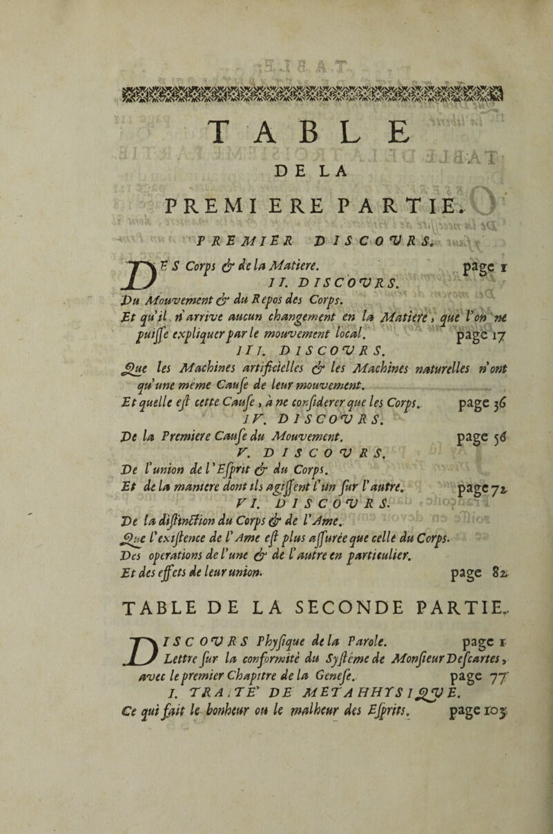 H. J | Â T T - TABLE *4 3. i. c i J n 1 DELA I d'A T FREMI ERE PAR T IE.  ' ' • -•* ' ■ ' MS ■ *< PREMIER DISCOURS. D £ S Corps & de la Matière. page i * P S Corps & delà Matière. II. DISCOURS. Du Mouvement & du Repos des Corps. Et quil fi arrive aucun changement en la Matière > que Von ne Yjh puifie expliquer par le mouvement local. page 17 1TI. DISCOURS. tQue les Machines artificielles & les Machines naturelles ri ont quune meme Caufe de leur mouvement. Et quelle ejl cette Caufe , à ne confident que les Corps. page fi IF. DISCOURS. De la Première Caufe du Mouvement. page 56 F. DISCOURS. De Vunion del'Efprit & du Corps. Et de la maniéré dont ils agi fient C un fur Vautre. page 72, FI. DISCOURS. De la dfiinffion du Corps dr de VAme. Que Vexfience de V Ame ejl plus afiuréeque celle du Corps. Des operations de Vune & de Vautre en particulier. Et des effets de leur union. page 82, table de la seconde partie. T\ IS C OURS Phyfique de la Parole. page * l J Lettre fur la conformité du Syjlémede MonfieurDefcartes, avec le premier Chapitre de la Genefe. page 77 /. TR A .DE' DE MET A B HT S I £U E. Ce qui fait le bonheur ou le malheur des Efprits. page ioj