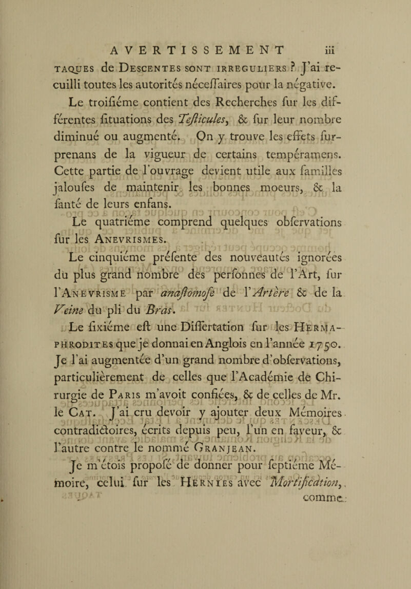 taques de Descentes sont irréguliers ? J’ai re- cuilli toutes les autorités néceiTaires pour la négative. Le troifiéme contient des Recherches fur les dif¬ férentes lituations des Tefticules, & fur leur nombre diminué ou augmenté. On y trouve les effets fur- prenans de la vigueur de certains tempéramens. Cette partie de l’ouvrage devient utile aux familles jaloufes de maintenir les bonnes moeurs, & la fanté de leurs enfans. om oo s nooBi oupbup na muoonoo won tb Le quatrième comprend quelques obfervations fur les Anévrismes. f.TihoI 3D-inpmom ïjI i>-y -O Le cinquième préfente des nouveautés ignorées du plus grand nombre des perfônnes de l’Art, fur I’Anevrisme par anajlomofe de Y Artère 6c de la Veine du pli du Bras. Le fixiéme eft une Diflertation fur les Herma¬ phrodites que je donnai en Anglois en l’année 1750. Je l’ai augmentée d’un grand nombre d’obfervations, particulièrement de celles que l’Académie de Chi¬ rurgie de Paris m’avoit confiées, 6c de celles de Mr. v % r * j > • ’ t . le Cat. I ai cru devoir y aiouter deux Mémoires- contradictoires, écrits depuis peu, 1 un en laveur, oc :nnoL n . spibmiscn 8?Œ3ntemQ>i nororte H £l sb 1 autre contre le nomme Granjean. -vv zsktzMrl >, , , * . , . o, Je m etois propoie de donner pour leptieme Mé¬ moire, celui fur les. Hernies avec 7\îorüficàtion,, '■V*v comme..