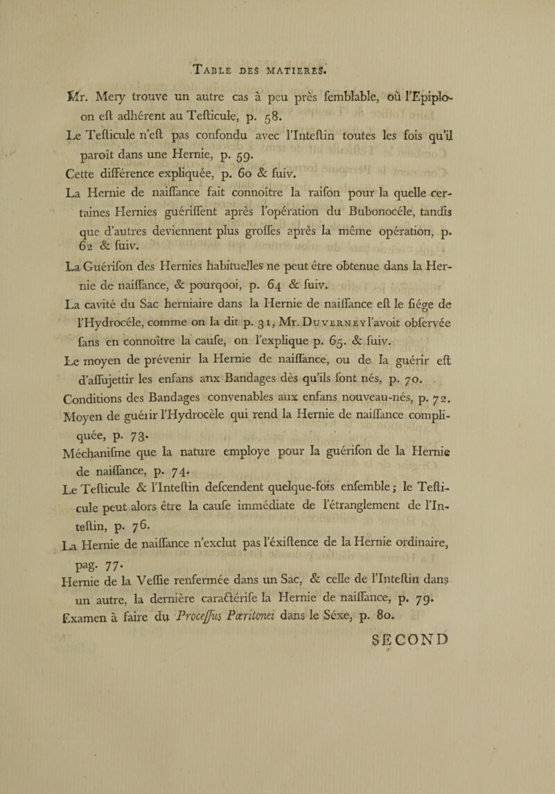 il,Ir. Mery trouve un autre cas à peu près femblable, où l'Epiplo¬ on eft adhérent au Teflicule, p. 58. Le Teflicule n’eft pas confondu avec l’Inteftin toutes les fois qu’il paroît dans une Hernie, p. 5g. Cette différence expliquée, p. 60 & fuiv. La Hernie de naiffance fait connoître la raifon pour la quelle cer¬ taines Hernies guériffent après l’opération du Bubonocéle, tandis que d’autres deviennent plus greffes après la même opération, p. 62 & fuiv. LaGuérifon des Hernies habituelles ne peut être obtenue dans la Her¬ nie de naiffance, & pourqooi, p. 64 & fuiv. La cavité du Sac herniaire dans la Hernie de naiffance eft le ftége de l'Hydrocéle, comme on la dit p. 31, Mr. DuvERNEYl’avoit obfervée fans en connoître la caufe, on l’explique p. 65. & fuiv. Le moyen de prévenir la Hernie de naiffance, ou de la guérir eft d’affujettir les enfans aux Bandages dès qu’ils font nés, p. 70. Conditions des Bandages convenables aux enfans nouveau-nés, p. 72. Moyen de guéiir l’Hydrocèle qui rend la Hernie de naiffance compli¬ quée, p. 73. Méchanifme que la nature employé pour la guérifon de la Hernie de naiffance, p. 74. Le Teflicule & l’Inteftin defcendent quelque-fois enfemble ; le Tefti- cule peut alors être la caufe immédiate de l’étranglement de l’in- teftin, p. 76. La Hernie de naiffance n’exclut pas l’éxiftence de la Hernie ordinaire, pag. 77. Hernie de la Veflie renfermée dans un Sac, & celle de l’Inteftin dans un autre, la dernière cara&érife la Hernie de naiffance, p. 79. Examen à faire du Proceflus Pœnionci dans le Sexe, p. 80. SECOND