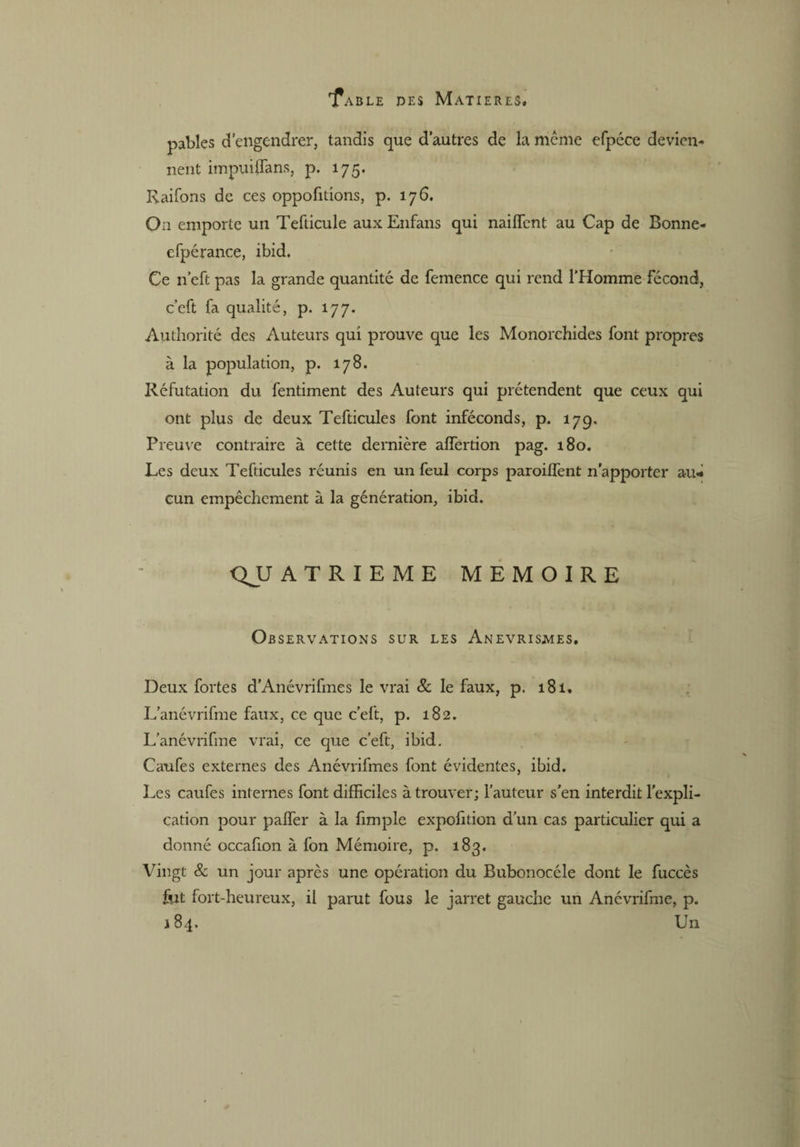 pables d’engendrer, tandis que d’autres de la meme efpéce devien¬ nent impuiffans, p. 175. Raifons de ces oppofitions, p. 176. On emporte un Tefticule aux Enfans qui naiflcnt au Cap de Bonne- efpérance, ibid. Ce n’eft pas la grande quantité de femence qui rend l’Homme fécond, c’eft fa qualité, p. 177, Authorité des Auteurs qui prouve que les Monorchides font propres à la population, p. 178. Réfutation du fentiment des Auteurs qui prétendent que ceux qui ont plus de deux Tefticules font inféconds, p. 179. Preuve contraire à cette dernière affertion pag. 180. Les deux Tefticules réunis en un feul corps paroiffent n'apporter au¬ cun empêchement à la génération, ibid. QU ATRIEME MEMOIRE Observations sur les Anévrismes. Deux fortes d’Anévrifmes le vrai 8c le faux, p. 181. L’anévrifme faux, ce que c’eft, p. 182. L’anévrifme vrai, ce que c’eft, ibid. Caufes externes des Anévrifmes font évidentes, ibid. Les caufes internes font difficiles à trouver; l’auteur s’en interdit l’expli¬ cation pour paffer à la fimple expofition d’un cas particulier qui a donné occafion à fon Mémoire, p. 183. Vingt & un jour après une opération du Bubonocéle dont le fuccès fut fort-heureux, il parut fous le jarret gauche un Anévrifme, p. 184. Un