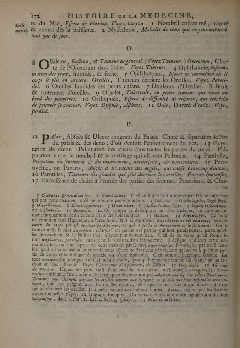 re du Nez, Efpece de Fluxion. Voyez Cori Nombril enflam mé , ulcéré 6c ouvert dès la nailliince. 2 Nyctalopie, Maladie de ceux qui veyent mieuxet nuit que de jour. O. ■g /^Edcme, Enflure, & 7 umeur en gêner al. ( Vlyez Tumeur. ) Omentum, Chu- te de POmentuin dans Paine. V')yez. Tumeurs. 4 Ophthalraie, Inflam- mation des yeux ^ humide, 5c feche. f Opifthotonos, Efpece de'convulfion ou le- corps fe plie en arriéré. Oreilles, Tumeurs derrière les Oreilles. Voyez. Paroti~ des, 6 Oreilles humides des petits enfans. 7 Douleurs d’Oreilles. 8 Bruit tintement d’oreilles. 9 Orgelet, Tuberculeou petite tumeur qui vient au hord des paupières. 10 Orthopnée, Efpece de difficulté de refpirer., qui empêche- de pouvoir fe coucher. Voyez. Dyfpnee ^ Afihme. 11 Ouie, Dureté d’ouïe. Voyez, furdite'. P. 12 T^Alais, Abfcès & Ulcéré rongeant du Palais. Chute 6c réparation de Pos X du palais 6c des dents j d’où s’enfuit l’enfoncement du nez. 15 Palpi¬ tation de cœur. Palpitation des chairs dans toutes les parties du-corps. Pal¬ pitation entre le nombril 6c le cartilage qui eft vers Peiîomac. 14 Paralyfie, Privation du fentiment & du mouvement, univerfelle , &■ particulière. ly Paro- nychic, ou Panaris, Abfcès à la racine des ongles^ qui caufe beaucoup douleur. 16 Parotides, Tumeurs des glandes qui font derrière les oreilles. Parties honteufes, 17 Excreflènee de chairs à l’entrée des parties des femmes. Pourriture 6c Chu¬ te I d'^ÇccMi ^c. 1 Nî>îC7«>iw9rfî. C’eft ainfi qu.“ font Hommezpar Hlppocrateceux qui ont cette maladie, qu’il ne ntitnme pas elleniêine. a ol^nux. 4 ^ 5 O TriT^-lno^oi. 6 7 ifrui ir'ovot. 8 Y^iy-QoL ù.Tt ^ 9 2.0 o'pS^osrvoiij. Il Bxpr.x-oli}. 12. On trouvc la deloiption de cette maladie, au commence¬ ment du quatrième & du lixième Livre des Eipidemiques. 13 14 A’;r«5rAs|('?;. Ce nom eft commun dans Hippocrate à f Apoplexie , & à Ia PArjlyfie; à-x-onMKjô* li roS a-üy.xroi', quelque partie du corps qui eft devenue paralytique y ou qui a perdu le mouvement z? le fentiment. On y> trouve aufij le mol sTxpxÀÙeiv y reLuh.r\ en parlant des parties qui font paralytiques, parce qiiel¬ les fe relâchent & fe lailî'eiit aller, n’ayant plus de raaiuiicn. C’eft de ce verbe qu’elt formé le mot •rrxpkxvTi'yy paralyfte; m.iis je ne le vois pas.dans Hippocrate. 11 défigne d’ailleurs cette mê¬ me maladie, ou une efpece de cette maladie par le mot Trxpx-rrXnyîi!, ?araplegie; par où il fem- ble qu’il ait principalement entendu cette efpece cie Paialyiie particulière qni arrive à quelque par¬ tie du corps enfuite d’une A} o.phxie ou d’une Epilepfie; C’eft comme l’explique Galien. L^e mot TrxpxTrXr.^tti marque- auiii la mêmecho.re, quoi qu’Hippocrate femble lui donner en un en¬ droit un fens different. Voyez. l'Oeconomie d’Hsptosrate y de Fo'éfius. ij Yla^owAv- 16 Tù vxpi èç çdptxTx Hippocrate parie auffi d’une maladie des enfans, qu’il appelle y Saty- rM/w2e,quifembleêtrelamême5&ilexpIiqueailleurscemot par (pôpisiTci Trxp «% e]x aola-n ’Zxrûpiaa-tt. Tumeurs qui viennent derrière les oreilles comme aux Satyres-, ou plutôt /ô»/ rejjtmbler aux Sa¬ tyres ^ que l’on peignoir avec les oreilles droites, telles que les ont ceux à qui il vient des tu¬ meurs derniere les^oreilles. Il appelle encore ces memes tumetits <p»pex ; parce que les Satyres etoient appeliez , en langage Ionique. On verra ci-après une autre lîgnificaüon du mot