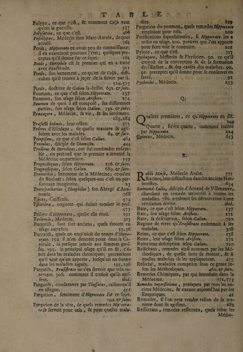 Polype , ce que c’eft , & comment Celft veut •qu’on le gucrifle. 537 Polyfarda, ce que c’eft. 4^6 Pofidippus, Médecin fous Marc-Aurele, de quoi accufé. * 762. pouls, Hippocrate en avoit peu de connoiflance; il en examinoit pourtant l’état ; quelques pré¬ ceptes qu’il donne fur ce fujet. 16x Pouls, Herophile eft le premier qui en a traité ' avec exaéfitude. 3zï Pouls, fon battement, ce qu’en àitCelfe, diffi- cultes qu’il trouve à juger de là fièvre par là. 524,525 Pouls, doéïrine de Galien là-deiTus. 692.0'fuiv. Poumon, ce que c’eft felonJ^ii/>/’frr4«. 137 Poumon, fon ufage félon Arijlote. 274^ Poumon de quoi il eft compofé , fes differentes parties, fon ufage félon v fuiv-. Vraxagore , Médecin, fa vie , & fes fentimens. 283,284 Vr&feSîi halmh, leur office. 57i Ÿrêtres d’Efculape , de quelle maniéré ils agif- foient avec les malades. 64. & fuiv. Friapifme, ce que c’eft félon Calius. 464 Froculus, difciple de Themifin. 444 Vrodicus & Herodicits, ont été confondus enfem- ble , on prétend que le premier a inventé la • Médecine onguentaire. 259 Vrognojîiques, félon Hippocrate, ï ^6. & fuiv. Vrognojliques, {tXon Galien. 6%^. v fuiv. iPromethée, Inventeur de la Médecine; cequ’en dit Bochart ; félon quelques-uns c’eft un per- fonnage imaginaire. 23 Vtotofpatharius {Theophilus y Potl Khxtgé d’Ana- tomie. 768 Vfecas, Coiffeufe. 574 ffilothra , onguent qui faifoit tomber le poil. 573 Ptifme ^Hippocrate, quelle elle étoit. 191 Vtolemée, Médecin. 313 Purgatifs, font fort anciens, quels étoient en ufage autrefois. 55» 56 Purgatifs, quels on emp’oioit du temps àPHtppo- crate, 194 il n’en donnoit point dans la Ca¬ nicule , ni prcfque jamais aux femmes grof fes. 195. le principal ufage qu’il en fit, c’é- toit dans les maladies chroniques; précautions qu’il veut qu’on apporte , lorfqu’on en donne dans les maladies aiguës. 195,196 Purgatifs, Erafiftrate ne s’en fervoit que très-ra- reruent. 306. comment il croioit qu’ils agif- fent. ■ ibid. Purgatifs, condamnez par Thtjfalus, raifonsqu’il en allégué. 451 Porrgation , fentiment d'Hippocrate far ce fujet. 194. er fuiv. Purgation de la tête, de quels remedes Hip^ocra- te Ce fervoit pour , cela * & pour quelles mala- . dies. ■ 199 Purgation du poumon i quels ttmcdtsS/ippocrati eraploioit pour cela. 200 Purifications fuperftitieufes, fi Hippocrate a mifes en ufage. 200. preuves que l’on apporte pour faire voir le contraire. 2or Pylore , ce que c’eft. 7x7 Pythagore, Méîlecin & Phyficien. 90. ce qu’iP croyoit de la conception & de la formation de l'Enfant, ÔC des caufes des maladies. 90, 91. préceptes qu’il donne pour fe conferveren fanté. 91 Pythocles ,'hAédtÔTi. 253, Q f wualitez premières, ce <{\iHippocrate en dit.’ » 144 -Quarte , fièvre quarte, comment traitée par Hippocrate. 214 ^pintus. Médecin. 653 R.‘ Rahhi Mcùfe, Médecin Arabe. 771 Racines, leur diftinélion dans les anciens Her-> boriftes. 634 Raimond Lulle, difciple d’Arnaud de Villeneuve,. cherchoit un remede univerfcl à toutes les maladies. 786. attribuoit fes découvertes à une révélation divine. ^ ibid. Rate, ce que c’eft félon Hippocrate. 137 Rate, fon ufage félon Ariftete. 272 Rate, fa defeription, félon 720 Régime de vivre qu Erafidrate ordonnoit à fes malades. 308 Reins, ce que c’eft félon Hippocrate, 138 Reins, leur ufage félon Arifiote. 272 Reins leur defeription itloii Galien. 720 Relâchans, remedes ainfi nommez par les Mé¬ thodiques , de quelle forte ils étoient, & à quelles maladies ils les appliquoient. 475 Relâché, maladies compriles fous ce genre fé¬ lon les Méthodiques. 460. er fuiv. Remedes Chimiques, par qui introduits dans la Médecine. 77^*773 Remedes Superfitieux , pratiquez par tous les an¬ ciens Médecins, & encore aujourd’hui par les Empiriques. 41 Remedes, fi l’on peut ‘rendre raifon de la ma¬ niéré dont ils agiffent. 682 Refierrans, remedes, refTerrans, quels félon les Métho-