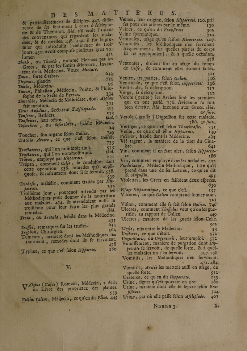 & particulièrement de difciples. 447* rence de fes fentimens a ceux d Alclepia de 6c de Themifon. ibtd. s’il étoit 1 auteui des convenances qui regardent les mala¬ dies, & de quelles. 4-48. 449- 1' le Prc, mier qui introduit l’abltinence de trois jours. 450. avoit compofé plufieurs gros vo- xi.T?0U ThM , nommé Hermes p« les Grecs , & par les Latins -Mercure , lnven teur de la Médecine. V01 ti^Mercure. Thua, forte d’arbre. -3. Thymus, glande; 'jj' Timée, Médecin-- _ .. . nu;u Timon, Phliafien , Médecin, Poete, 6z Philo- fophe de la Sede de Pyrron. 334 Timothée, Médecin deMithridatc,dont Appian fait mention. „ .. . , Titus Aufidius , Seéhteur d Afdepiade. 4*3 Tonfores, Barbiers. Tonfiricts, leur office. ^, • * Toforthros , ou Seforthros, habile Médecin. Toucher, fon organe félon Malien. 749 Trachée Artere , ce que C eft félon Galteh^ Trattatores, qui l’on nommoit ainfi. 573 Tradatrix, qui l’on nommoit ainfi. Trépan, employé par Hippocrate. 3 Trépan , comment Cel/e , fe conduifoit d cette operation- 538. remedes quil PP * quoit, & inftrumens dont il ie fervoit. 5 î». Trichofis, maladie, comment traitée par H/;- TnDifiéme jour , pourquoi attendu par les Méthodiques pour donner de la nourriture , aux malades. 474» ils attendoient aufli le troifième pour leur faire les pius grands remedes iw»* Trata , ou Trotuld , habile dans la Médecine. 435 Trufes, remarques fur les truffes. 634 Tryphon, Chirurgien. 5.4 Tumeurs , maniéré dont les Méthodiques les traitoient , remedes dont ils fe fervoient. 470 Typhus, ce que c’eft félon Hippocrtt. 180 V. XjAlgms (Cajus) Romain, Medecm, a écrit V un Livre des propriétés des plantes. 559 Vtttiui VaUns, Médecin, ce qu’en dit Pline. 445 A T r E R E S. Veines, leur origine,félon Hippocrate. 120.pri¬ ses pour des arteres par le même. 130 Veines, ce qu’en dit Erafi/lrate 301 Veine fperraatique. 71c Ventoufes, ufage qu’en faifoit Hippocrate. 107 Venioufes , les Méthodiques s'en fervoient fréquemment , fur quelles parties du corps ils les apoliquoient , 6c à quelle octafien. 476 Ventoufes , étoient fort en ufage du temps de Celfe, 6c comment elles étoient faites. 52.1 Ventre, fes parties, félon Galien. 716 Ventricule, ce que c’eft félon Hippocrate: 136. Ventricule, fa defeription. 717 Verge, fa defeription. 72z Verole (petite) les Arabes font les premiers qui en ont parlé. 776. Avicenne l’a fort bien décrite, ibid. inconue aux Grecs, ibid.- or fuiv. Verole ( grofie ) Digteflion fur cette maladie. 786. o1 fuiv. Vertiges , ce que c’eft félon Theophrajle. 331 Veflïe, ce que c’cft félon Hippocrate. 139 Vittoria , habile dans la Médecine. 435 Vif argent , la maniéré de le tirer du Cina¬ bre. 641 Vin, comment il en faut ufer, félon Hippocra¬ te. 186 Vin, comment employé dans les maladies. 402 Vindicianus, Médecin Méthodique , titre qu’il prend dans une de fes Lettres, ce qu’en dit S. Augu/lin. 49 j Violettes, les Grecs en faifoient deux efpeces. 63° Vifage Hippocratique, ce que c’eft. 157 Vifceres, ce que Galien comprend fouscenom. 7*7 Vifion, comment elle fe fait félon Galien, 746 Ulcérés, comment Tbeffalus veut qu’on les gue- rifle, au rapport de Galien. 449 Ulcérés , maniéré de les guérir félon-Celfe. 541 UlyJJe, mis entre le Médecins. 33 Vnétores, ce que c’étoit. 572. Vngutntarii, ow Ungentanb, leur emplôi. 572 Vomiftement, maniéré de purgation dont Hip¬ pocrate fe fervoit, de quelle forte, 6c à quel¬ les maladies on s’en fervoit. 197.198 Vomitifs, les Méthodiques s’en fervoient. • 472.484- Vomitifs, Aretéeles mettoit aufti en ufage, de quelle forte. 512 Ureteres, ce qu’en dit Hippocrate. 139. Urine, lignes qu’Hippocrate en tire. 160 Urine, maniéré dont elle fe fepare félon Era- fiflrate. 304- Urine, par où elle pafîe félon Afcltpiade. 407 Nnnnn 3 X,