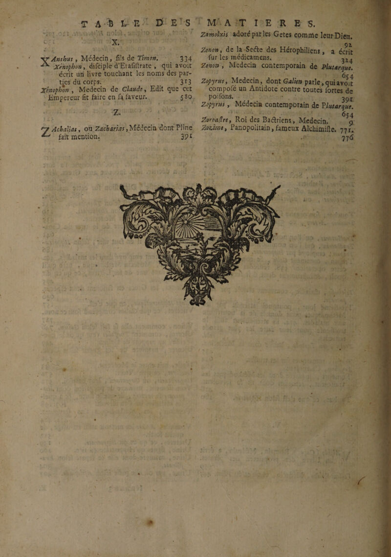 T AB LE 0 ES ' X. r ' t » ■» ' >* r t ,. »k . * ' • i W r. * • > * XAnthus, Médecin, fils de Timon. ■ 334 Xénophon, difciple d’Erafillrate , qui avoir écrit un livre touchant les noms des par¬ ties du corps. 3r3 Xénophm , Médecin de Claude, Edit que cet Empereur fît faire en fa faveur. 5S0 ■ Z. nr Àchaliat, ou Zacharias, Médecin dont Pline ^ fait mention. M' A T I E R E S. Zamolxh adoré par les Getes comme leur Dieu. Zenon, de la Seéte des Hérophiliens, a écrit fur les médicamens. . Zenon , Médecin contemporain de Plutarque. Zopyus, Médecin, dont Galien parle,quiavoit compofé un Antidote contre toutes fortes de poifons. 091 Zepyrus , Médecin contemporain de Plut arque. 6j4 Zoroaffre, Roi des Baélriens, Médecin. 9 Zoaim*, Panopolitain, fameux Alehimifte. 771. 391 776 “'N ( •T# / I l S