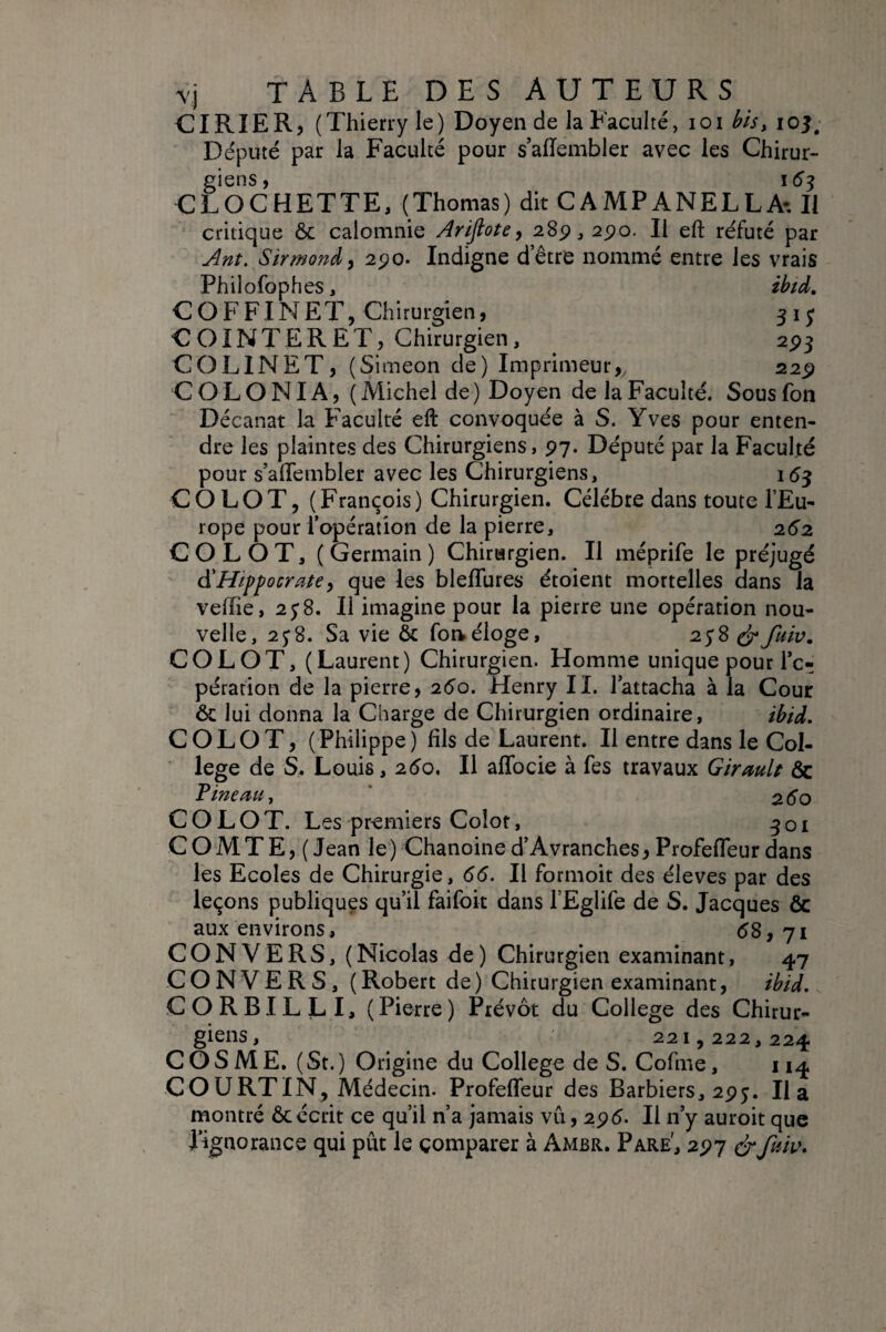 CI RIE R J (Thierry le) Doyen de la Faculté, loi bis y loj. Député par la Faculté pour s’alTembler avec les Chirur¬ giens , 16^ CLOCHETTE, (Thomas) dit CAMPANELLA-, Il critique ôc calomnie Ariftote, 289,25)0. Il eft réfuté par Jnt. Sirmonâ, 290. Indigne d’être nommé entre les vrais Philofophes, ibtd, C O F FIN ET, Chirurgien, 3 i j COINTERET, Chirurgien, 293 CO LIN ET, (Simeon de) Imprimeur,, 229 COLONIA, ( Michel de ) Doyen de la Faculté. Sous fon Décanat la Faculté eft convoquée à S. Yves pour enten¬ dre les plaintes des Chirurgiens, 97. Député par la Faculté pour s’aflfembler avec les Chirurgiens, 153 C O LO T, (François) Chirurgien. Célébré dans toute l’Eu¬ rope pour l’opération de la pierre, 262 CO LOT, (Germain) Chirurgien. Il méprife le préjugé d'Htppcratey que les bleflures étoient mortelles dans la veffie, 258. Il imagine pour la pierre une opération nou¬ velle, 258. Sa vie & for¥éloge, 258 ^fuiv. CO LOT, (Laurent) Chirurgien. Homme unique pour Tc- pération de la pierre, 260. Henry II. l’attacha à la Cour ôc lui donna la Charge de Chirurgien ordinaire, ibid. COLOT, (Philippe) fils de Laurent. Il entre dans le Col¬ lege de S. Louis, 2éo. Il aflbcie à fes travaux Girmlt ôc Pineau, ‘ 260 CO LOT. Les premiers Colot, 301 COMTE, (Jean le) Chanoined’Avranches, Profefleurdans les Ecoles de Chirurgie, 66. Il formoit des éleves par des leçons publiques qu’il faifoit dans l’Eglife de S. Jacques Ôc aux environs, ^8,71 CONVERS, (Nicolas de) Chirurgien examinant, 47 CONVERS, (Robert de) Chirurgien examinant, ibid. CORBILLI, (Pierre) Prévôt du College des Chirur¬ giens, 221,222,224 COSME. (St.) Origine du College de S. Cofme, 114 COURTIN, Médecin. Profefleur des Barbiers, 295. lia montré ôc écrit ce qu’il n’a jamais vu, 295. Il n’y auroit que iignorance qui pût le comparer à Ambr. Pare, 297 (ÿ*fmi\