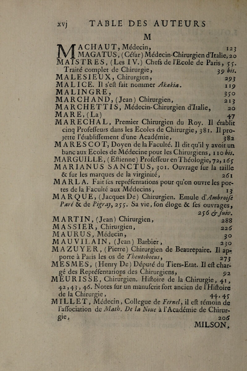 XVJ M Ma CHAUT, Médecin, 123 MAGATUS, ( Céfar ) Médecin-Chirurgien d’Italie, 20 MAISTRES, (Les IV.) Chefs de l’Ecole de Paris, Traité complet de Chirurgie, bis, MALE SIE U X, Chirurgien, 2P3 AlALICE. Il s’efl; fait nommer Akakla, iip MALINGRE, 530 MARCHAND, (Jean) Chirurgien, 213 MARCHETTIS, Médecin-Chirurgien d’Italie, 20 M A R E, ( La ) ^ MARECHAL, Premier Chirurgien du Roy. Il établit cinq ProfeflTeurs dans les Ecoles de Chirurgie, 381. Il pro¬ jette l’établifTement d’une Académie, 382 MARESCOT, Doyen de la Faculté. Il dit qu’il y avoir un banc aux Ecoles de Médecine pour les Chirurgiens, 110 bis, MARGUILLE, (Eftienne) ProfefTeur en Théologie, 72, MARIANUS SANCTUS, 301. Ouvrage fur la taille & fur les marques de la virginité, 261 M A R L A. Fait fes repréfentations pour qu’on ouvre les por¬ tes de la Faculté aux Médecins, i ^ MARQUE, (Jacques De ) Chirurgien. Emule âiAmbroife Paré ôc de Pigray, 255'. Sa vie, fon éloge & fes ouvrages, MARTIN, (Jean) Chirurgien, 288 MASSIER, Chirurgien, 225 MAURUS, Médecin, oq MAUVILAIN, (Jean) Barbier, 230 MAZUYER, (Pierre) Chirurgien de Beaurepaire. Il ap¬ porte à Paris les os de Theutohocus^ 273 M E S M E S, ( Henry De ) Dépuré du Tiers-Etat. Il ell char¬ gé des Repréfentations des Chirurgiens, p2 MEURISSE, Chirurgien. Hiftoire de la Chirurgie, 41, 42,43,45. Notes fur un manufcritfort ancien de l’Hiftoire de la Chirurgie, 44» 45* MILLET, Médecin, Collègue de Fernel) il efl témoin de l’aflbciation de Math, De la Noue à l’Académie de Chirur¬ gie, 205 MILSON,