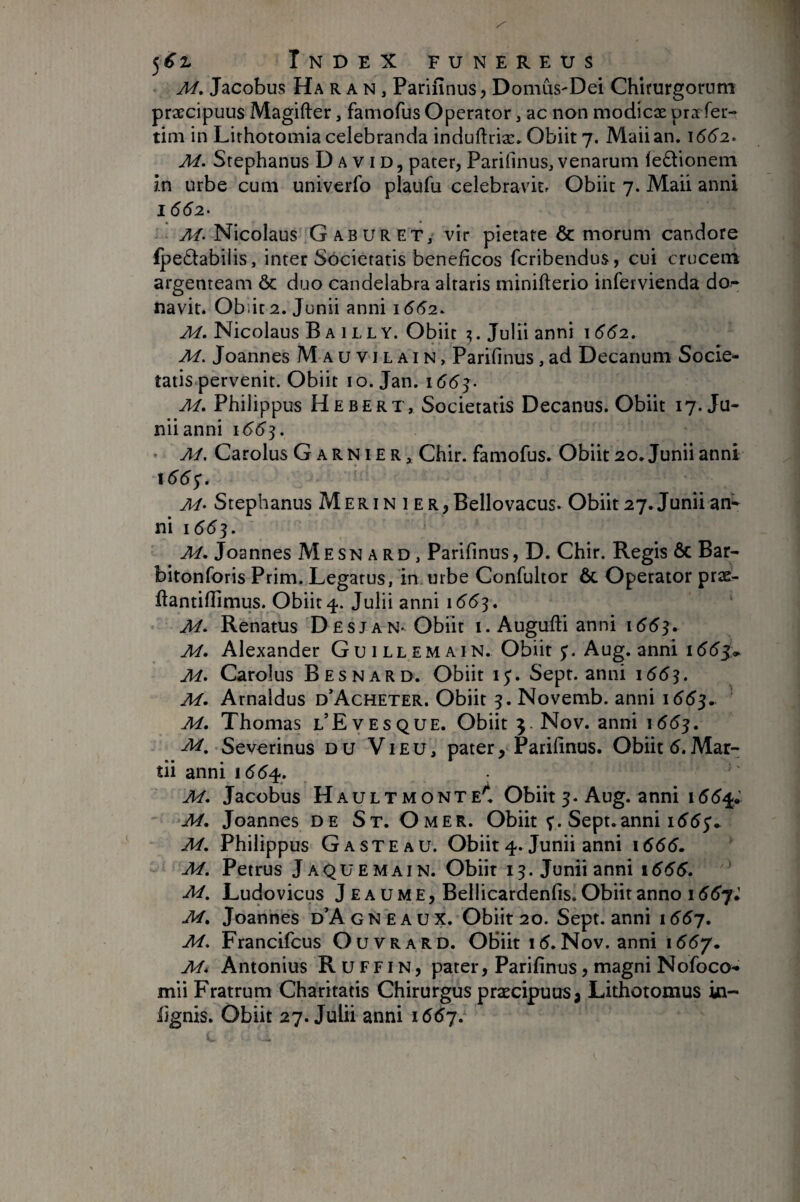 M» Jacobus Ha r a n , Parifînus, Domus-Dei Chirurgorum præcipuus Magifter, famofus Operator, ac non modicæ praTer- tiin in Lithotomia celebranda induftriæ» Obiit 7. Maiian. i66'2. M. Stephanus David, pater, Parifînus, venarum ledlionem in urbe cum univcrfo plaufu celebravit. Obiit 7. Mail anni i5(52. Ai. Nicolaus G AB U R ET, vir pietate & morum candore fpe6tabilis, inter Societatis beneficos fcribendus, cui crucem argenteam & duo candelabra altaris minifterio infervienda do^ navit. Obiit 2. Junii anni \ 66i^ Ai. Nicolaus Bailly. Obiit ^. Julii anni 1661. M. Joannes M a u v i l a i n , Parifinus, ad Decanum Socie¬ tatis pervenit. Obiit IO. Jan. 166^. Ai. Philippus Hebert, Societatis Decanus. Obiit 17. Ju¬ nii anni 166^. ’ Ai, Carolus Garnier, Chir. famofus. Obiit 20. Junii anni \66$. Ai- Stephanus Merin i er, Bellovacus. Obiit 27. Junii an¬ ni 1555. Ai. Joannes Mesn a rd , Parifinus, D. Chir. Regis ÔC Bar- bitonforis Prim. Legatus, in urbe Confultor 6c Operator præ- ftantiflimus. Obiit 4.. Julii anni Ai. Renatus D £s j aN.^ Obiit i. Augufti anni 1555. Ai. Alexander Guillemain. Obiit Aug. anni i56'5» Ai. Carolus Besnard. Obiit i;. Sept, anni 1663. Ai. Arnaldus d^Acheter. Obiit 5. Novemb. anni 166^. ' Ad. Thomas l’Evesque. Obiit 3. Nov. anni 166^. Severinus du Vi eu, pater, Parifinus. Obiit5. Mar¬ tii anni 1654. Ai. Jacobus Haultmonte'1 Obiit 3. Aug. anni 166^: Ad, Joannes de St. Omer. Obiit v. Sept.anni i Ai. Philippus Gasteau. Obiit 4. Junii anni 1666. Ad. Petrus Jaque MAIN. Obiit 13. Junii anni 166S. Ad. Ludovicus J E A u M E, Bellicardenfis. Obiit anno 166ji Ad. Joannes d’Agn eaux. Obiit 20. Sept, anni 166^. Ad. Francifcus Ouvrard. OBiit i5.Nov. anni 1557. Ad. Antonius R uffin, pater, Parifinus, magni Nofoco- mii Fratrum Charitatis Chirurgus præcipuusj Lithotomus ki- lignis. Obiit 27. Julii anni 1657.