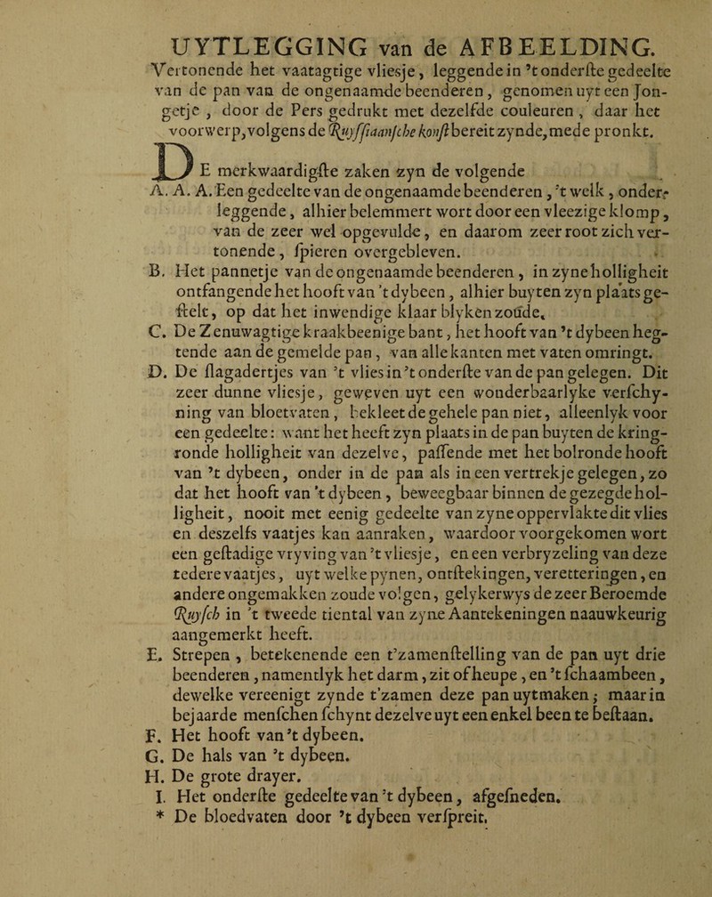 UYTLEGGING van de AFBEELDING. Vertonende het vaatagtige vliesje, leggendein ’tonderfte gedeelte van de pan van de ongenaamde beenderen, genomenuyt een Jon- getje , door de Pers gedrukt met dezelfde coulearen , daar het voorwerp,volgensd c^uyffiaan/cbe fewy?bereitzynde,mede pronkt. E merkwaardigfte zaken zyn de volgende A. A. A. Een gedeeltevan de ongenaamde beenderen, 'twelk , onderr leggende, alhier belemmert wort door een vleezige klomp, van de zeer wei opgevulde, en daarom zeerroot zich ver¬ tonende , ipieren overgebleven. B. Het pannetje van de ongenaamde beenderen , in zyneholligheit ontfangende het hooft van ’t dybeen , alhier buyten zyn plaats ge- ftelc, op dat het inwendige klaar blykenzoude* C. De Z enuwagtige kraakbeenige bant, liet hooft van ’t dybeen heg- tende aan de gemelde pan , van alie kanten met vaten omringt. D. De flagadertjes van 3t vliesin?t onderfte vandepangelegen. Dit zeer dunne vliesje, gevveven uyt een wonderbaarlyke verfchy- ning van bloetvaten, bekleetdegehele pan niet, alleenlyk voor een gedeelte: want het heeft zyn plaats in de pan buyten de kring- ronde holligheit van dezelve, paffende met het bolronde hooft van ’t dybeen, onder in de pan ais in een vertrekje gelegen, zo dat het hooft van ’t dybeen , beweegbaar binnen degezegdehol- Jigheit, nooit met eenig gedeelte van zyneoppervlaktedit vlies en deszelfs vaatjes kan aanraken, waardoor voorgekomen wort een geftadige vry ving van 7t vliesje, en een verbryzeling van deze tedere vaatjes, uyt welke pynen, ontftekingen, veretteringen, en andereongemakken zoude volgen, gelykenvys dezeerBeroemde (ftuyfcb in \ tweede tiental van zyne Aantekeningen naauwkeurig aangemerkt heeft. E. Strepen , betekenende een Ezamenftelling van de pan uyt drie beenderen, namentlyk het darm, zit of heupe, en \ fchaambeen, dewelke vereenigt zynde t’zamen deze pan uytmaken; maarin bej aarde menfchen fchynt dezelve uyt een enkel been te beftaan. F. Het hooft van Jt dybeen. G. De hals van Jt dybeen. H. De grote drayer. I. Het onderfte gedeelte van Jt dybeen, afgefneden. * De bloedvaten door ’t dybeen verfpreit.