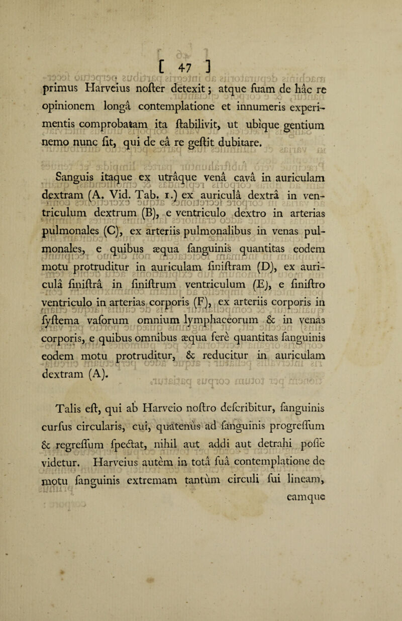 v-:: v' l n;h ... ' •?. primus Harveius nofter detexit; atque foam de hac re opinionem longa contemplatione et innumeris experi¬ mentis comprobatam ita ftabilivit, ut ubique gentium nemo nunc fit, qui de ea re geftit dubitare. : •;' :• -b \ \ i. n 11 • ■ v::; :; * i.!1 » u i i ii,i 0 ; ' Sanguis itaque ex utraque vena cava in auriculam ° Bonoiiff rn;) fcDr&lcpi enoqi dextram (A. Vid. Tab. i.) ex auricula dextra in ven- >tro.iJ3iDX3 oupxs gbnoriniool oiocp triculum dextrum (B), e ventriculo dextro in arterias pulmonales (C), ex arteriis pulmonalibus in venas pul- i 'x' ♦ y . . II ) •* y-wj j 11 s i /.. • • monales, e quibus aequa fanguinis quantitas eodem ^jnmqicm ocnpb non mminn mBt motu protruditur in auriculam finiftram (D), ex auri- r v v cula finiftra in finiftrum ventriculum (Ej, e finiftro ventriculo in arterias corporis (F), ex arteriis corporis in jmmB ob eiJFT Jiimt&lteqmo' m fyftema vaforum omnium lymphaceorum & in venas ■ J j i oilooon [nuis corporis, e quibus omnibus aequa fere quantitas fanguinis eodem motu protruditur, 6c reducitur in auriculam r □irpis mm’j dextram (A)- . mtijc Talis eft, qui ab Harveio noftro defcribitur, fanguinis curfus circularis, cui, quatenus ad fanguinis progreffum Sc regreffum fpedlat, nihil aut addi aut detrahi poffe videtur. Harveius autem in tota fua contemplatione de motu fanguinis extremam tantum circuli fui lineam, eam que